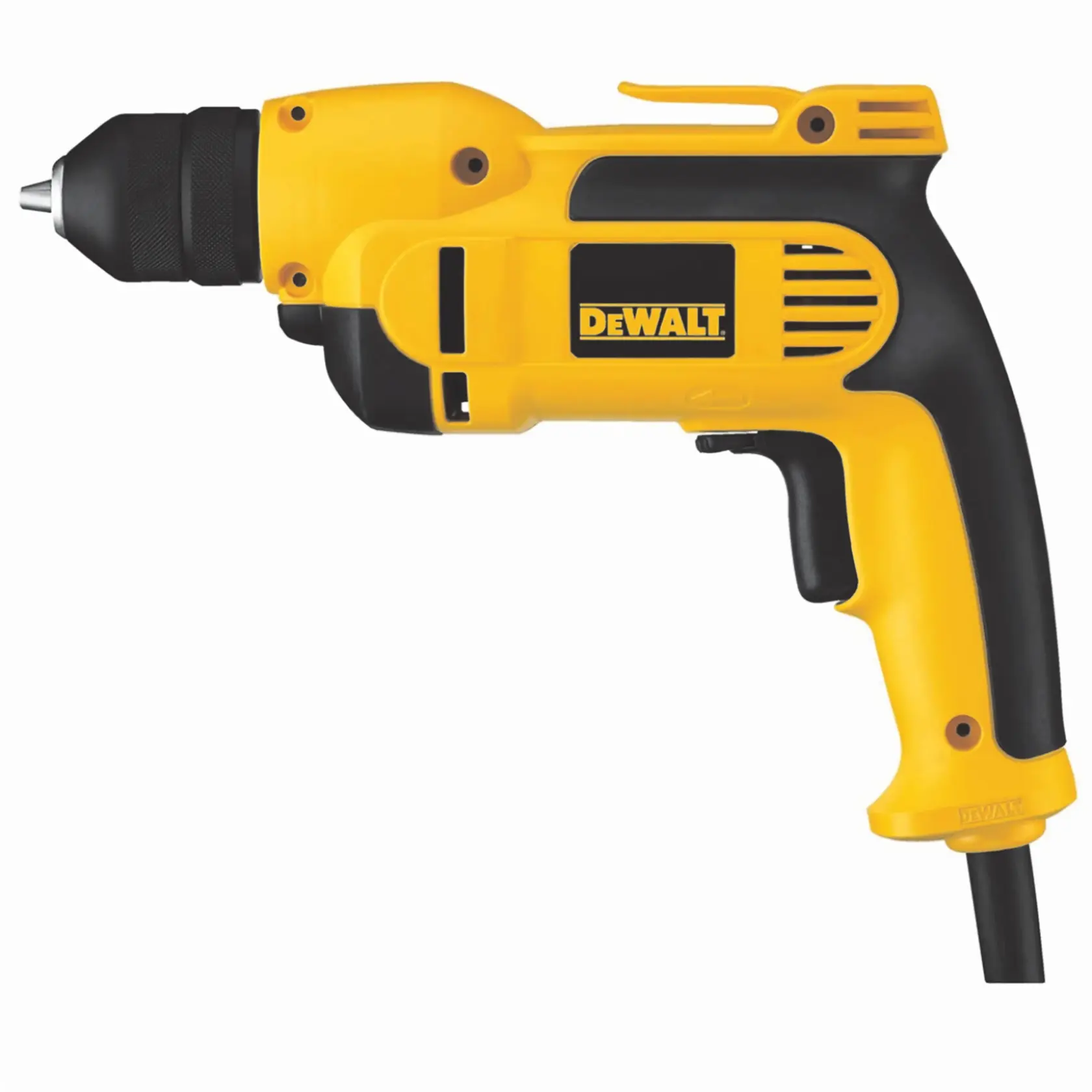 Perceuse électrique filaire jaune et noire DEWALT avec poignée pistolet et mandrin sans clé, modèle DWD112S, vue de profil sur fond blanc.