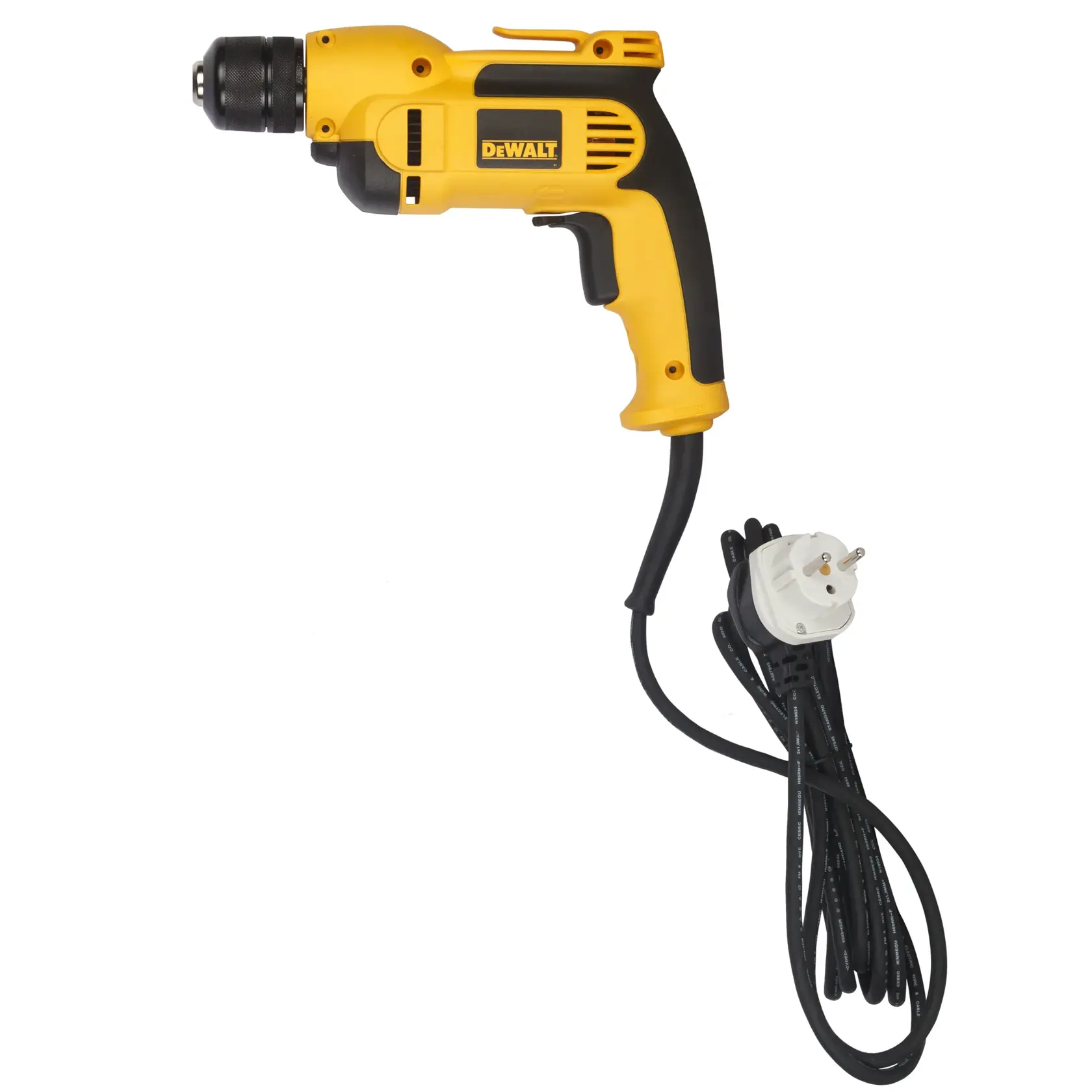 Perceuse électrique DEWALT jaune avec prise européenne et câble noir, présentée sur fond blanc.