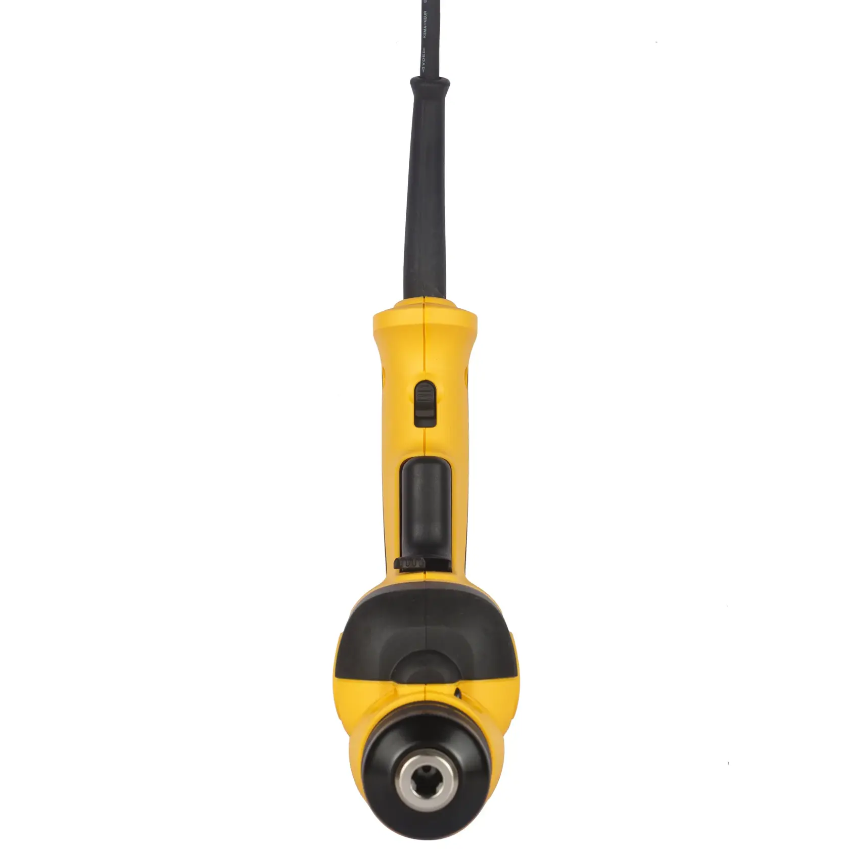 Perceuse électrique jaune DEWALT vue de face, affichant le mandrin et la poignée sur fond blanc.