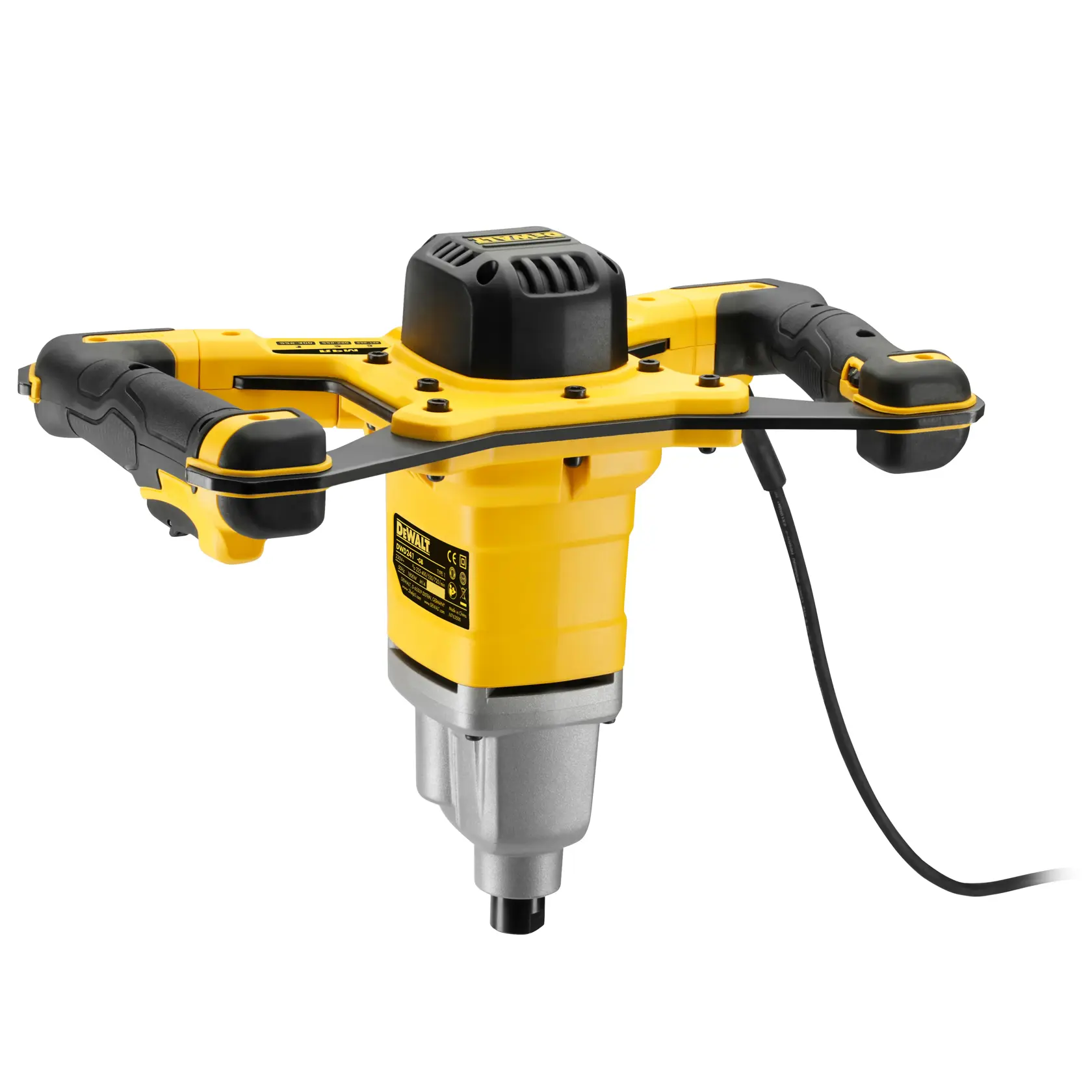 Mélangeur électrique DEWALT jaune et noir à deux poignées et cordon, pour matériaux de construction.