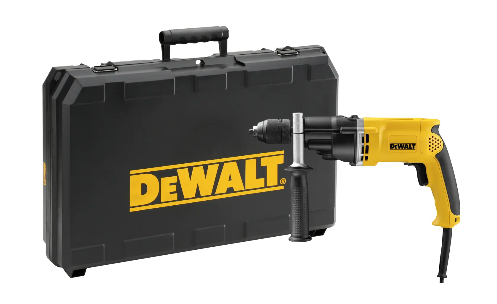 Perceuse filaire DEWALT avec poignée latérale et mallette noire à logo jaune.