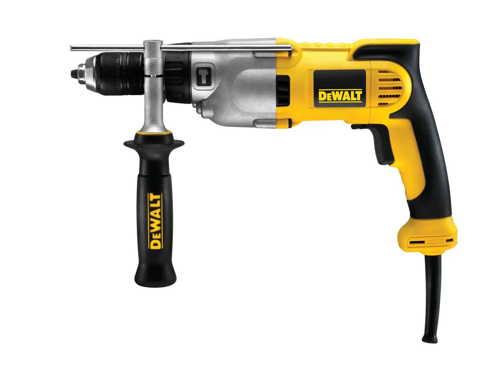 Perceuse filaire DEWALT jaune avec poignée latérale, présentée sur fond blanc.