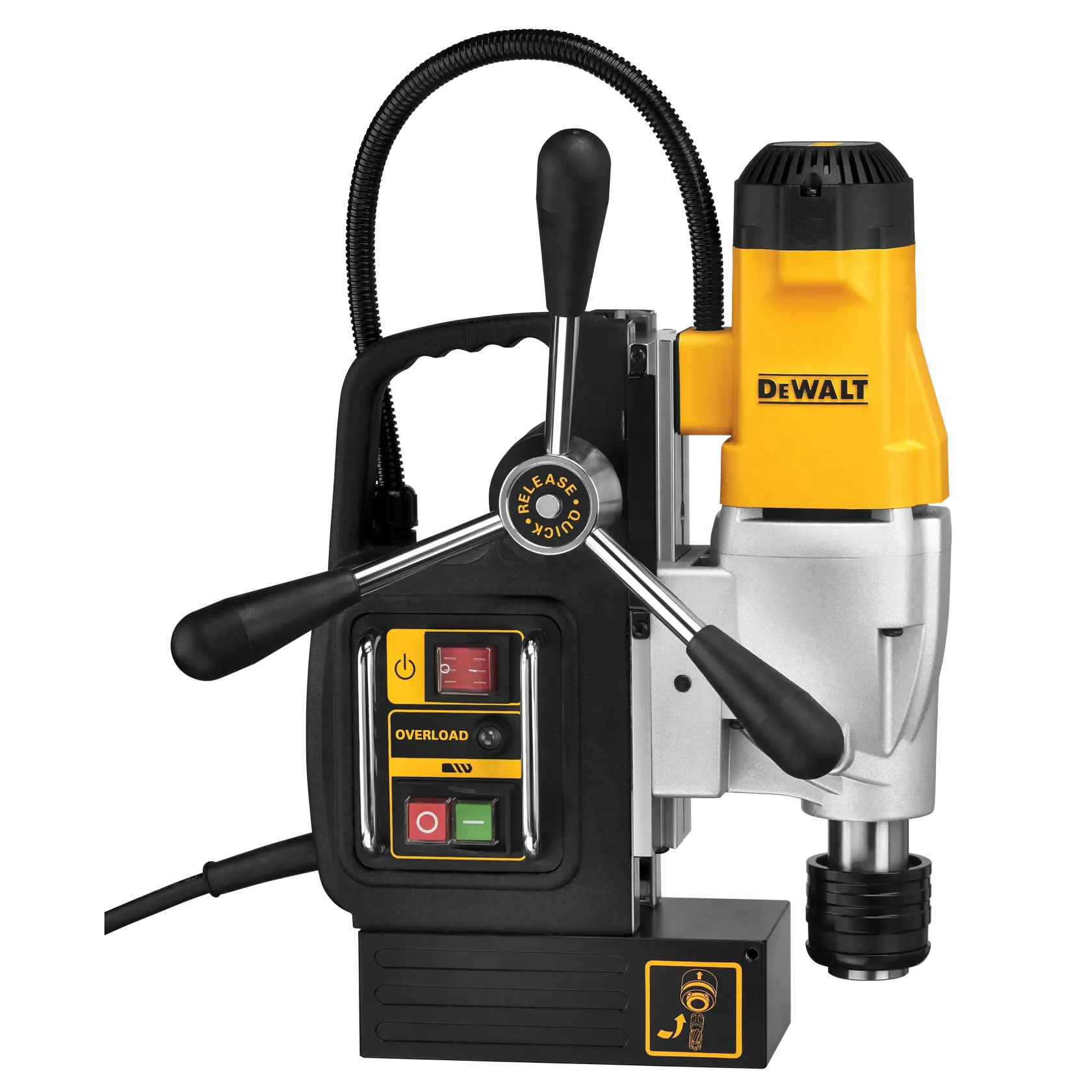 Perceuse magnétique DEWALT DWE1622K avec un design jaune et noir, des interrupteurs de contrôle et trois poignées pour la manipulation. La machine est utilisée pour le perçage précis dans la métallurgie.