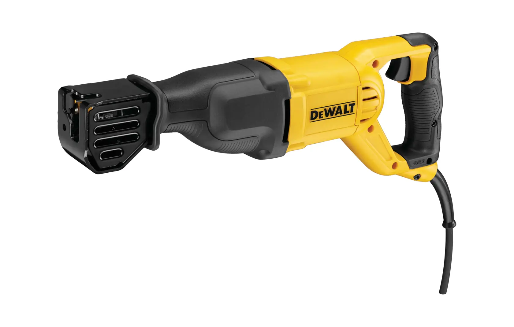 Une scie sabre DEWALT de couleur jaune et noire, présentée sur un fond blanc. Sous la scie, le texte indique : 'Idéal pour les plombiers, les électriciens et les constructeurs.'