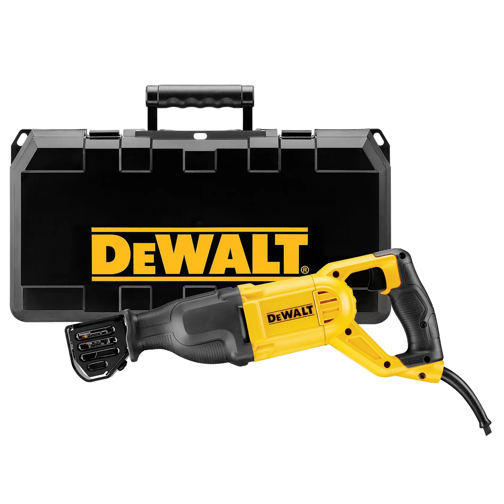Scie réciproque DEWALT avec valise noire et jaune, toutes deux avec le logo DEWALT.