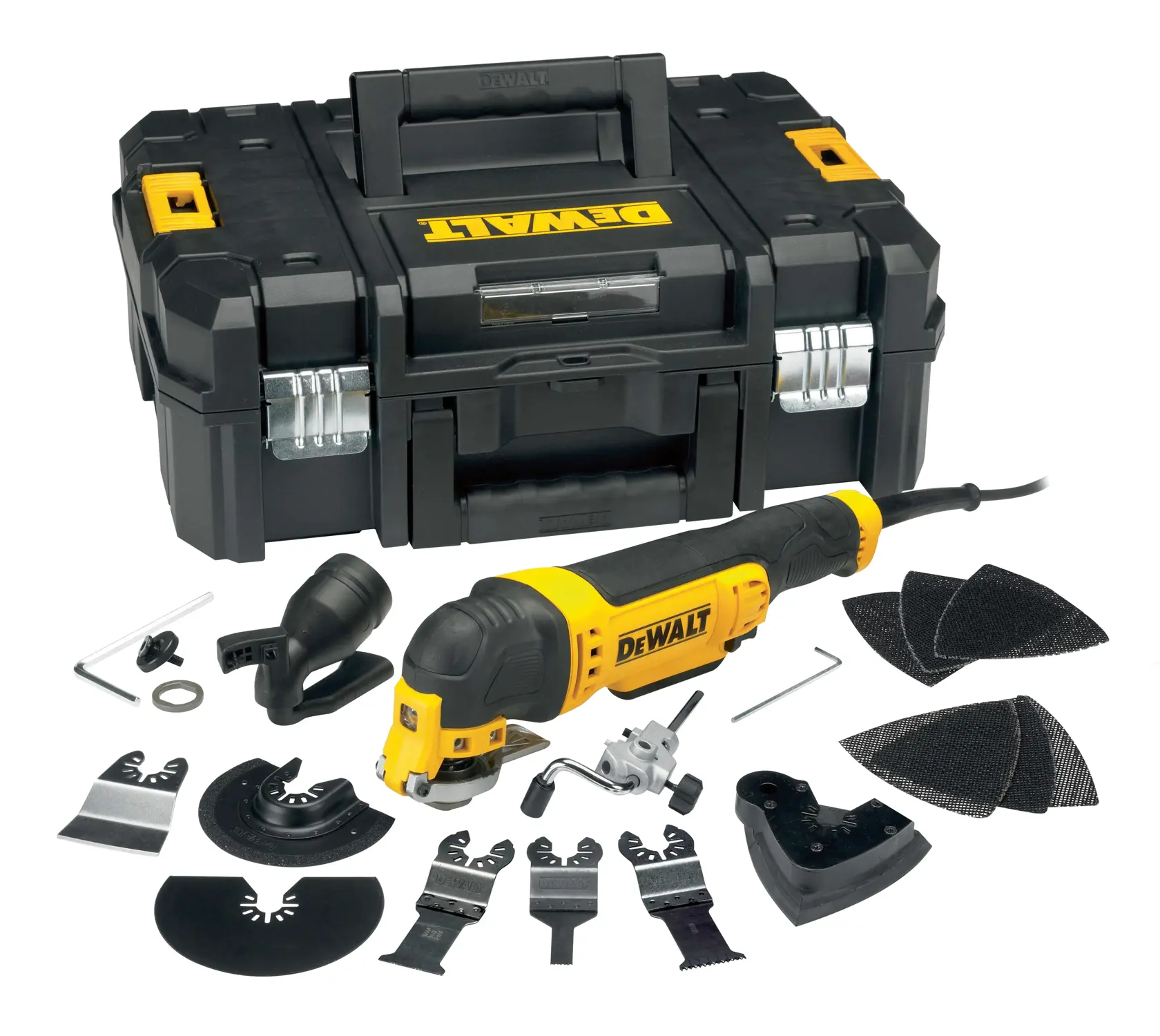 Kit d’outil multifonction oscillant DEWALT DWE315KT avec outil noir et jaune, lames et accessoires variés, patins de ponçage, et une mallette noire robuste.