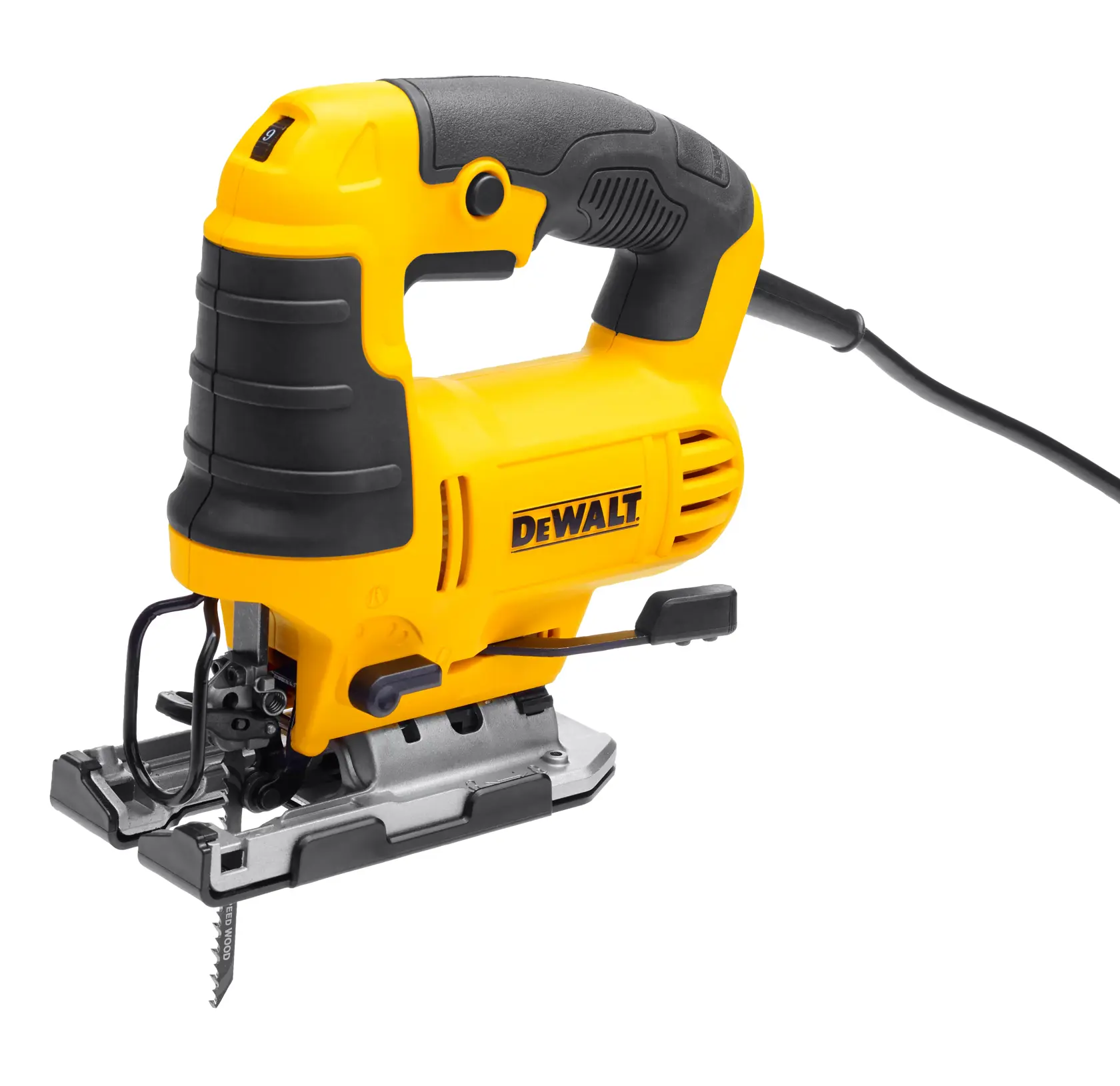 Une scie sauteuse électrique DEWALT jaune et noire avec un câble, dotée d'une poignée ergonomique et d'une lame visible sous la plaque de coupe.