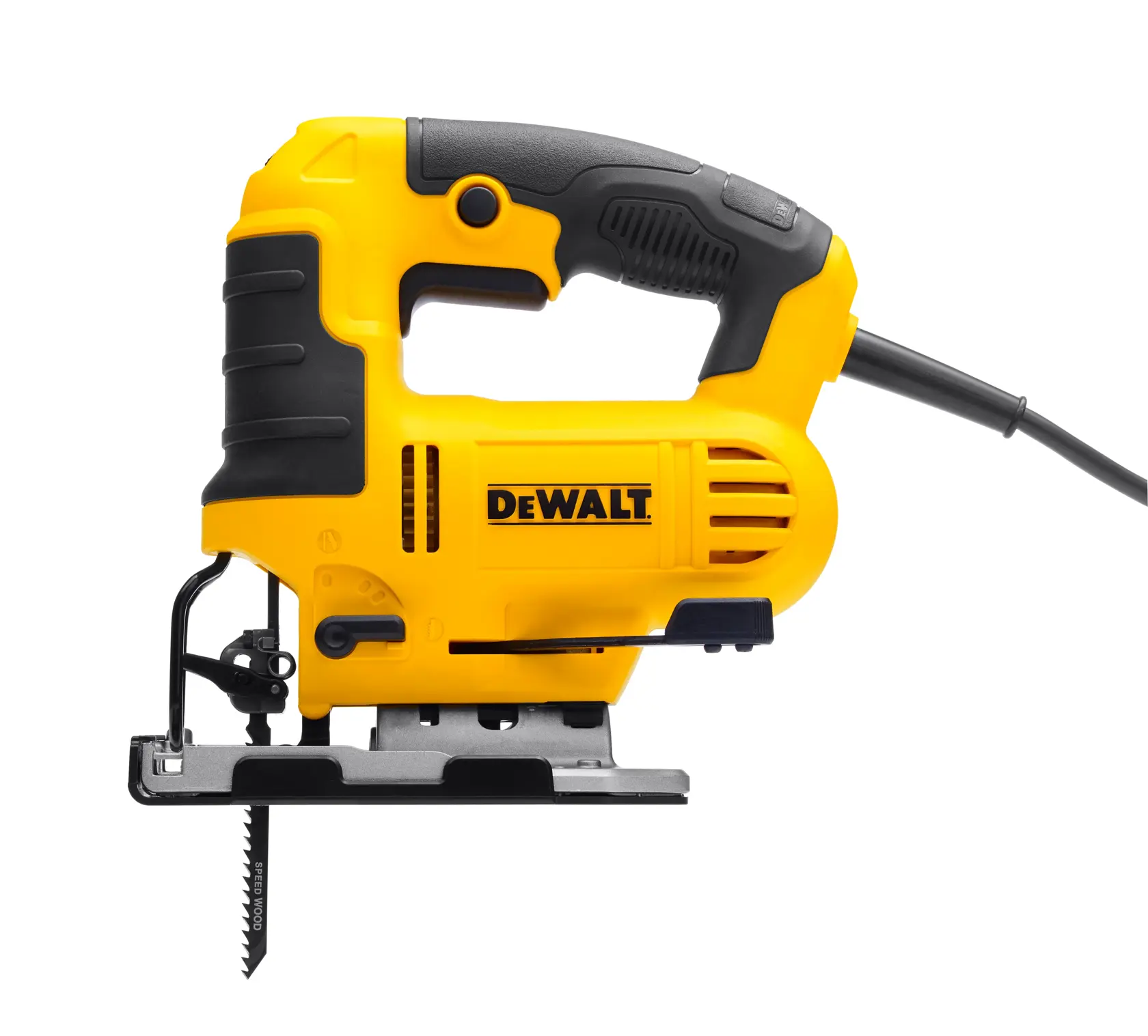 Une scie sauteuse électrique DEWALT jaune et noire avec un cordon, vue de côté sur un fond blanc.