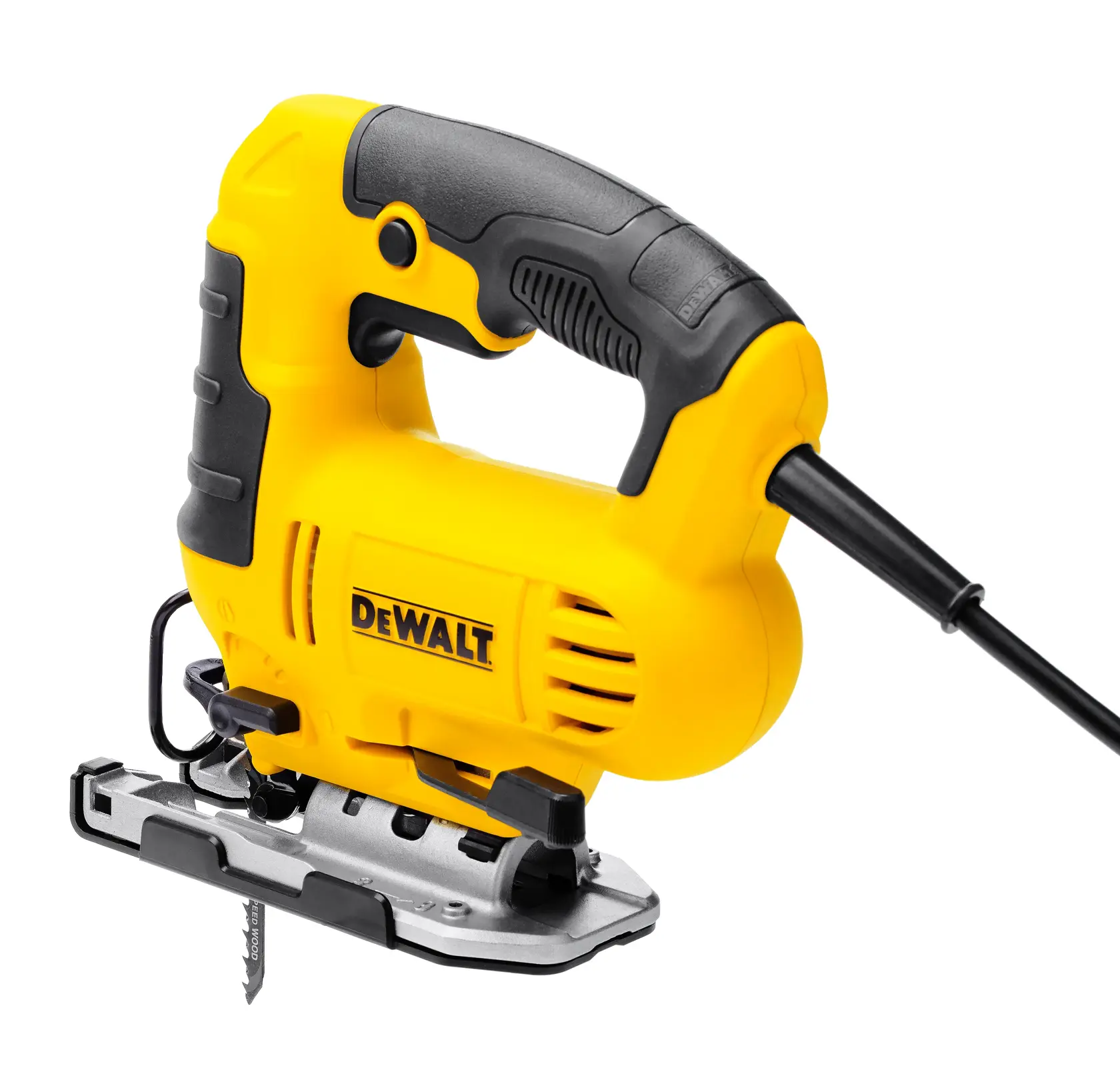 Scie sauteuse électrique jaune et noire avec un cordon, arborant le logo DEWALT sur le côté, conçue pour couper des matériaux en menuiserie et en construction.