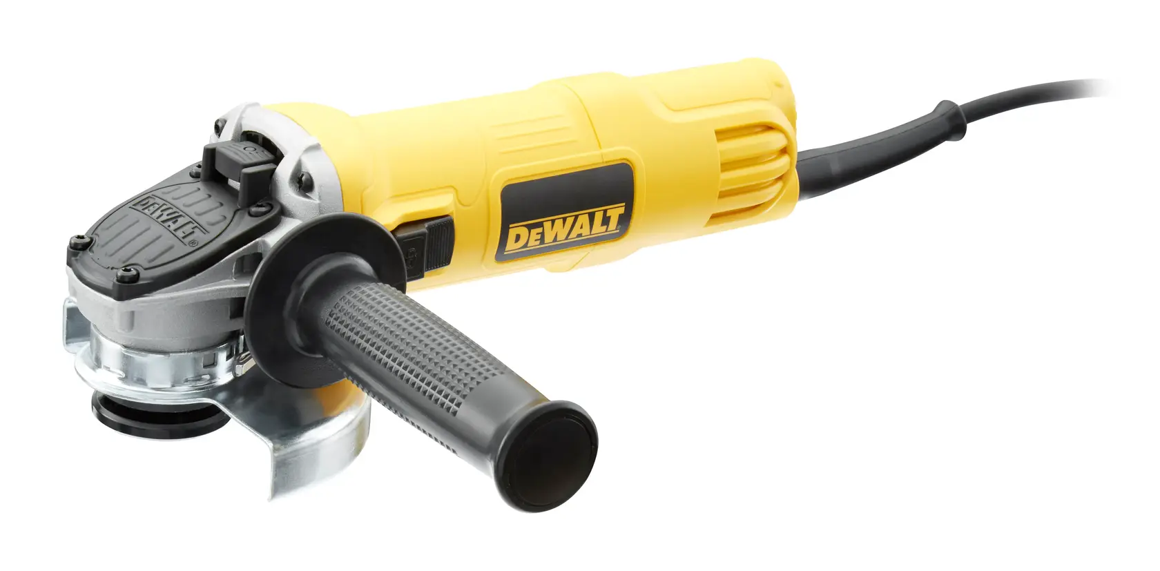 Une meuleuse angulaire électrique DEWALT jaune et noire avec une poignée latérale, présentée sur un fond blanc.