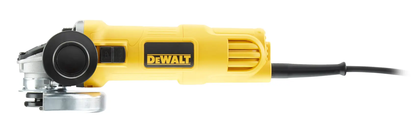 Meuleuse DEWALT jaune avec câble. Photographie, références DWE4056-QS, DWE4056 présentées.