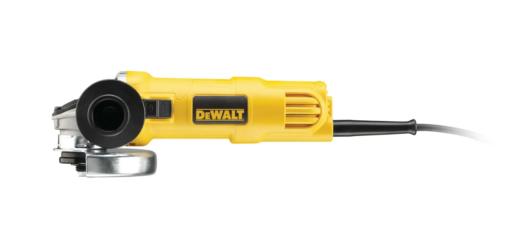 Meuleuse d’angle jaune DEWALT avec câble noir sur fond blanc.