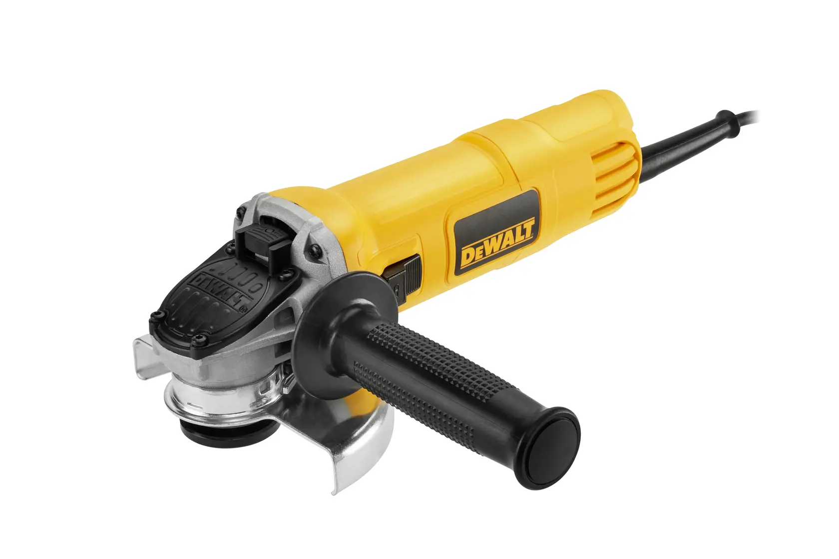 Meuleuse d’angle DEWALT DWE4157 poignée noire, boîtier jaune, vue latérale, fond blanc.