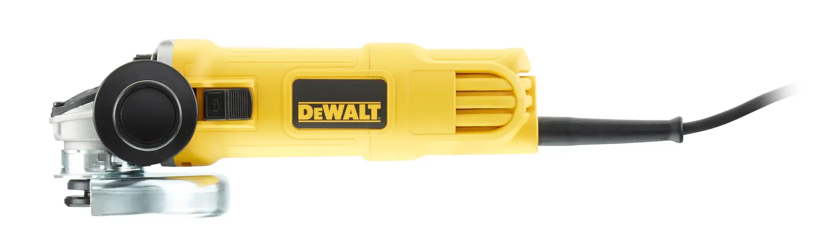 Photo de la meuleuse angulaire jaune DEWALT DWE4157, vue latérale, câble noir, outil électroportatif.