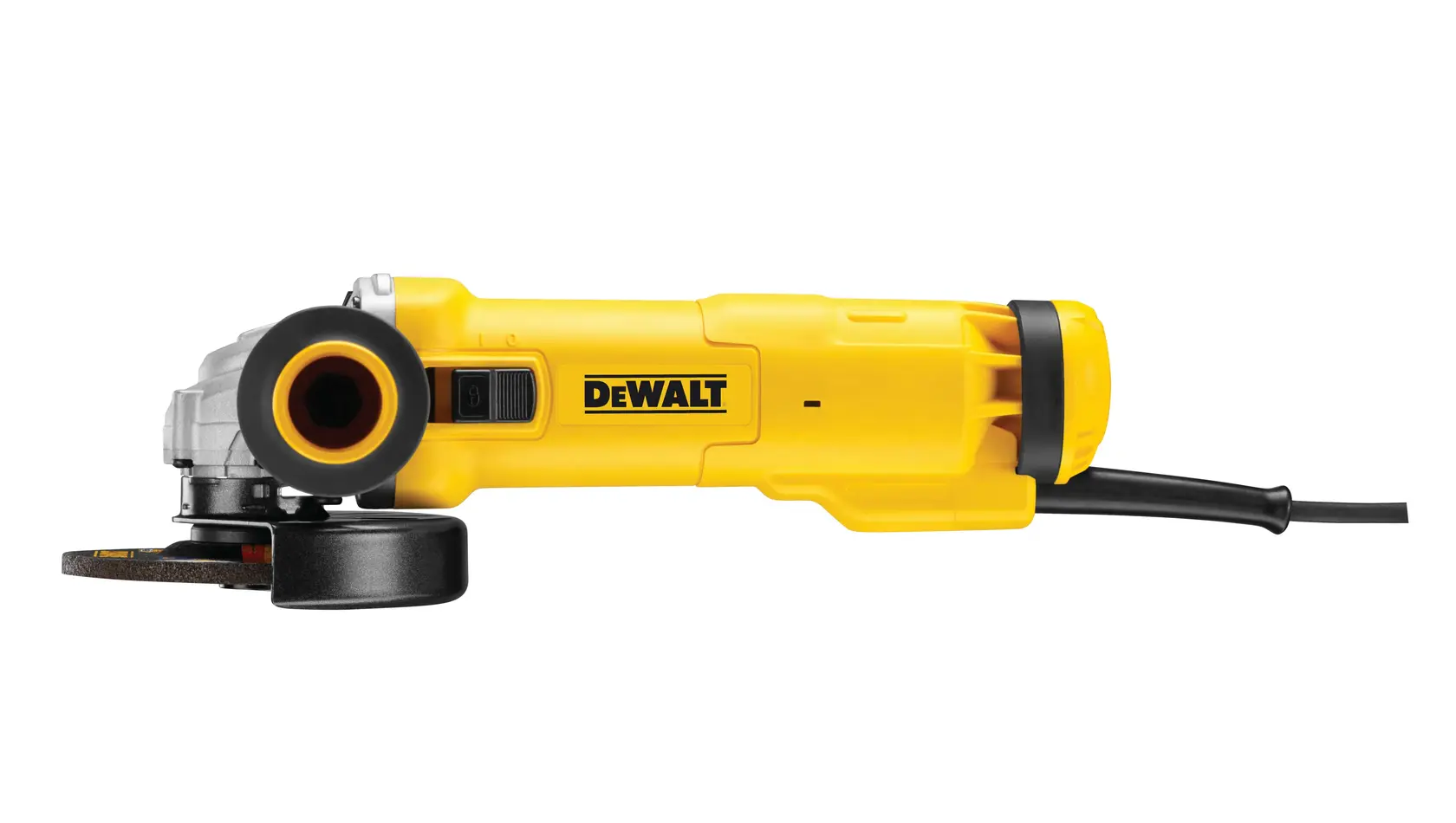 Meuleuse d’angle DEWALT jaune avec cordon, vue latérale sur fond blanc.