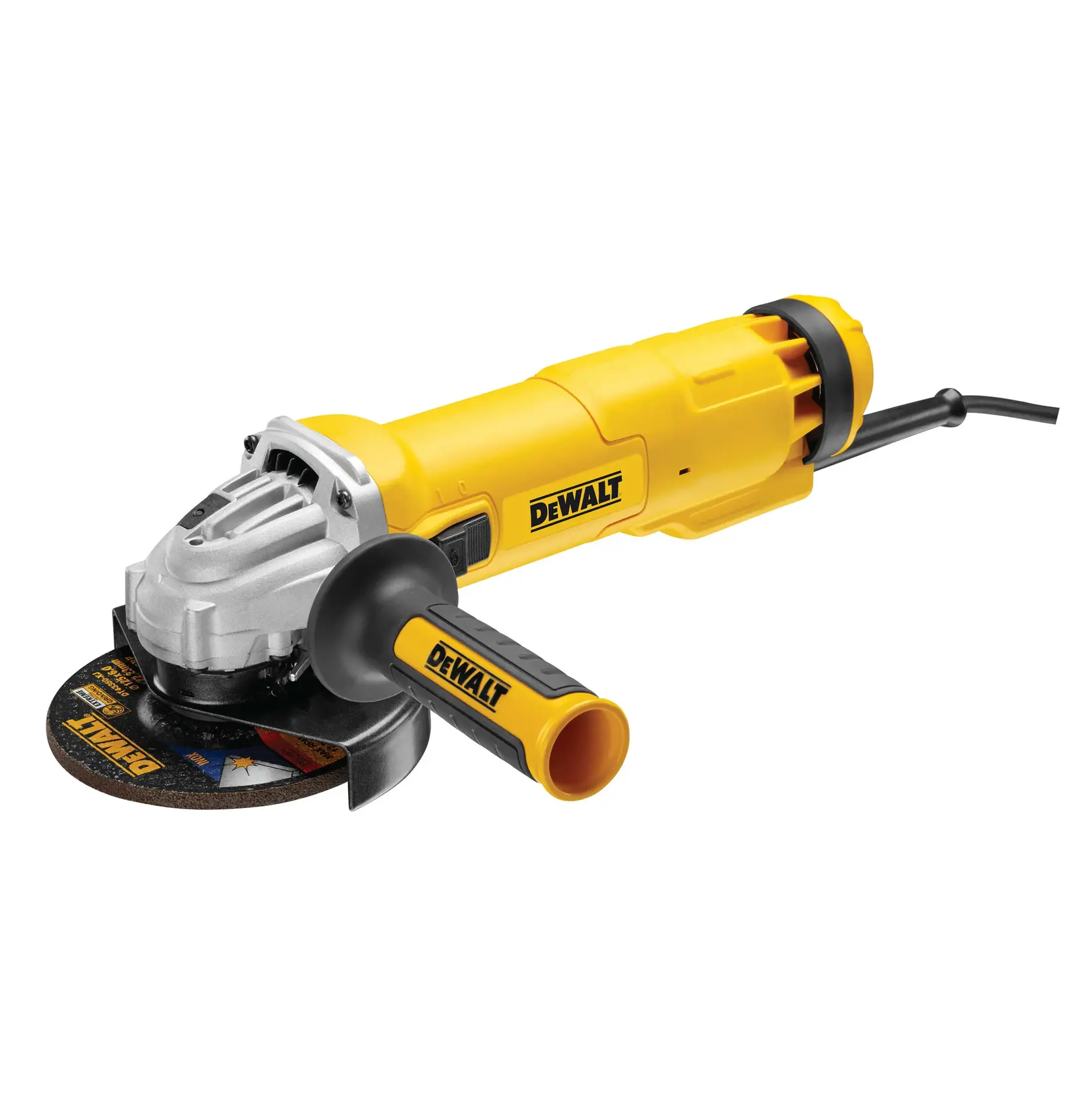 Meuleuse d’angle jaune DEWALT DWE4217 avec poignée latérale et câble, sur fond blanc.