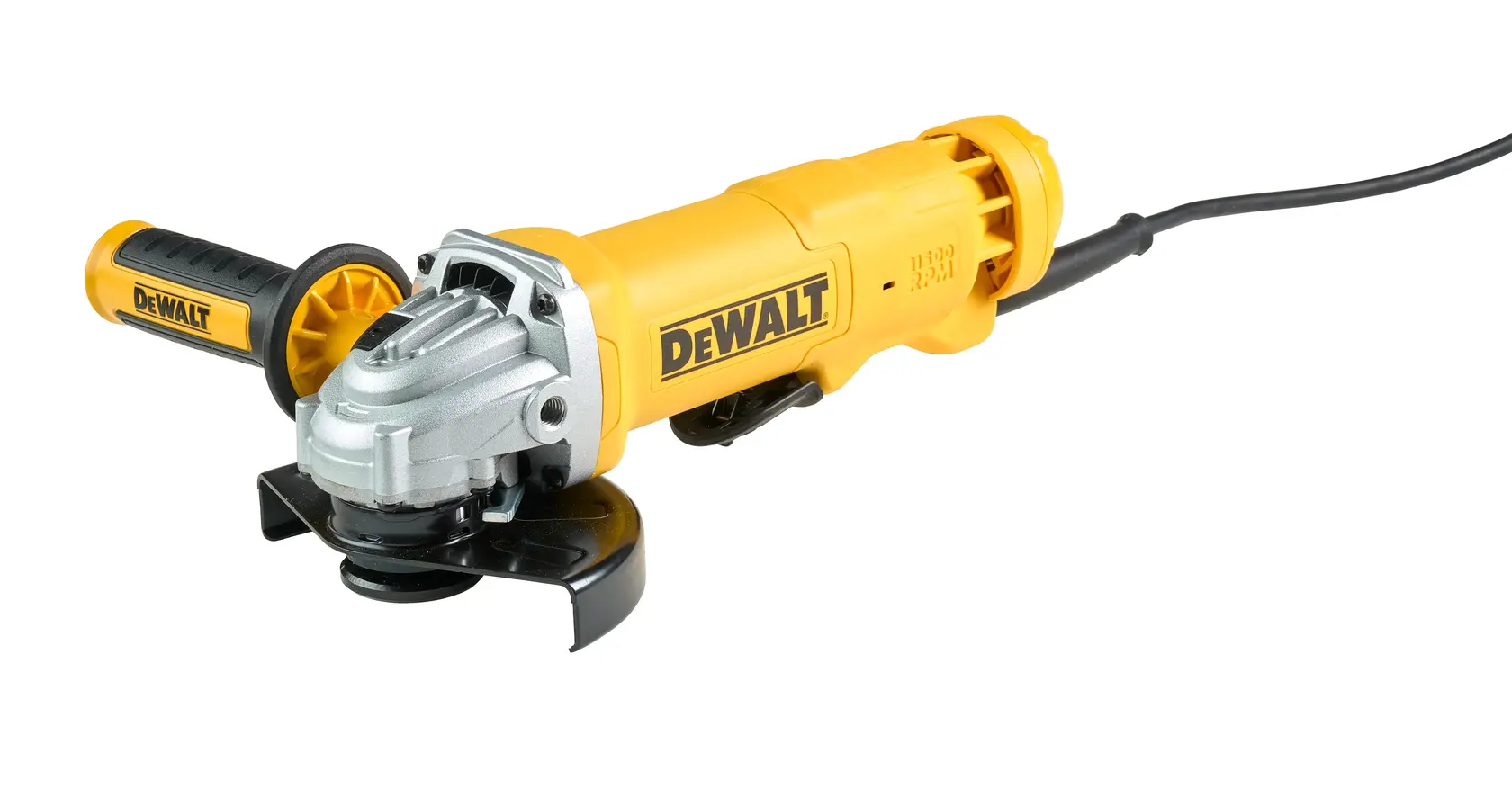Meuleuse d’angle filaire DEWALT jaune avec poignée latérale et capot protecteur sur fond blanc.
