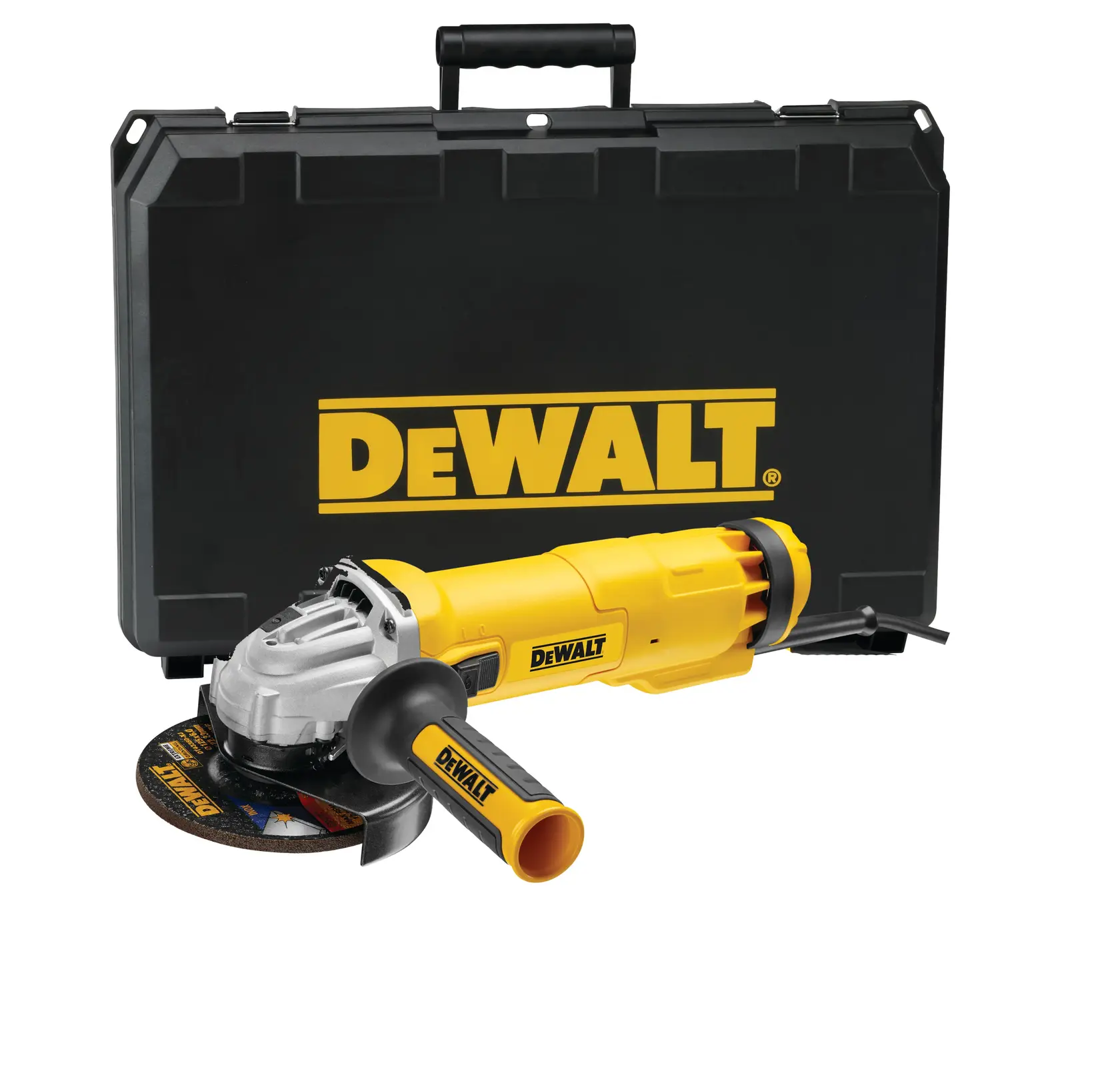 Meuleuse d’angle DEWALT avec poignée jaune et mallette noire à l’arrière.