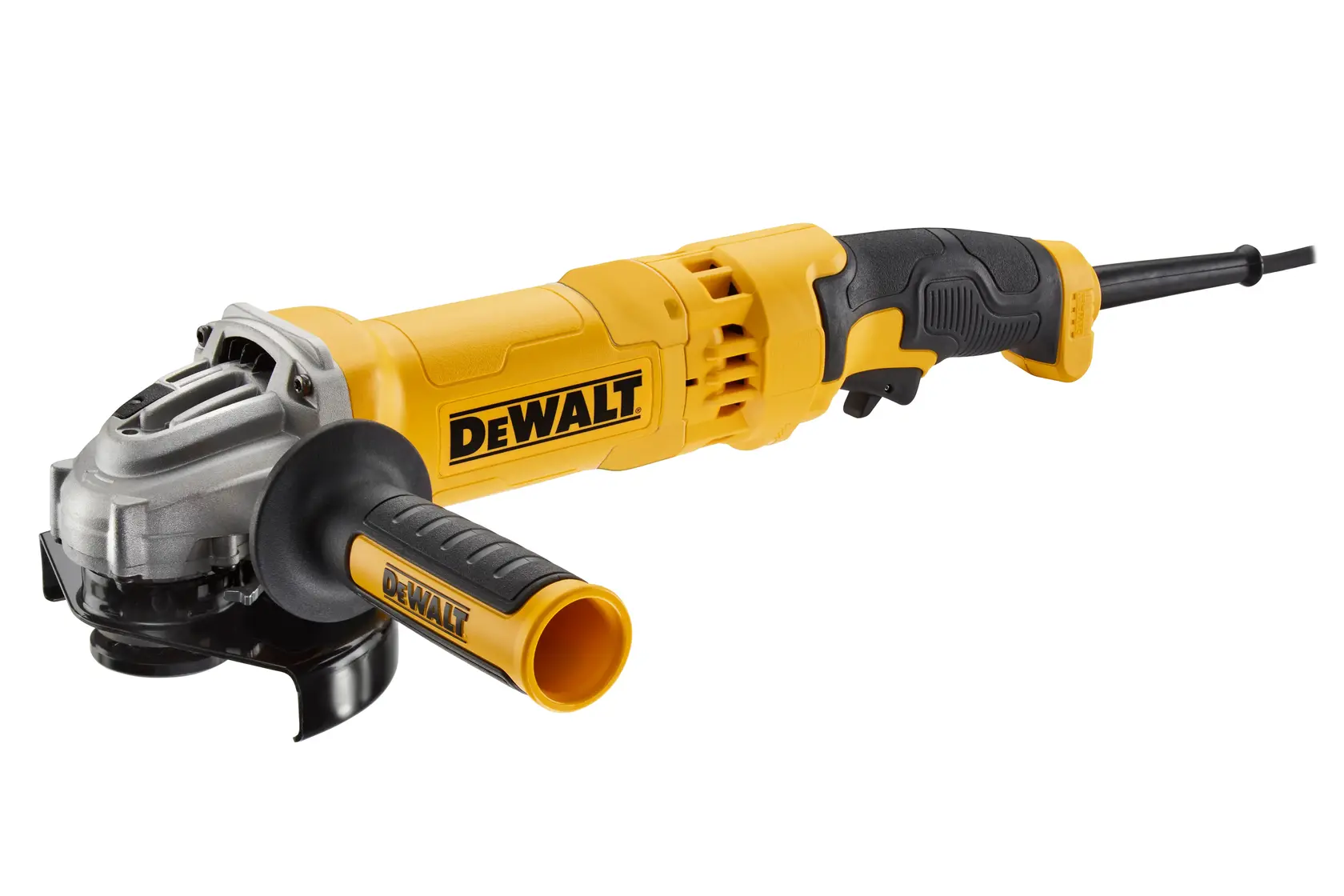 Photo de la meuleuse d’angle DEWALT DWE4277, outil jaune et noir avec poignée latérale, vue avant sur fond blanc.