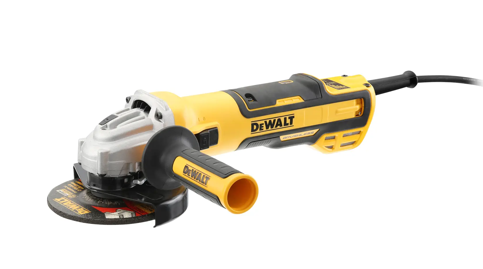 Une meuleuse d'angle DEWALT, modèle DWE4357, présentée sur un fond blanc. L'outil est jaune et noir avec une poignée latérale et un disque de meulage visible. Il est filaire et conçu pour des travaux professionnels de construction ou de métallerie.