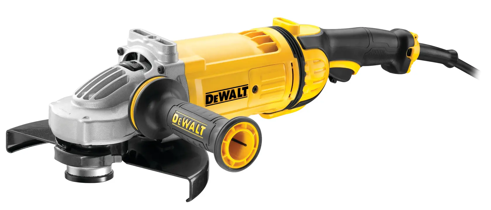Meuleuse d'angle jaune et noire DEWALT avec poignée latérale, cordon d'alimentation et carter de protection.