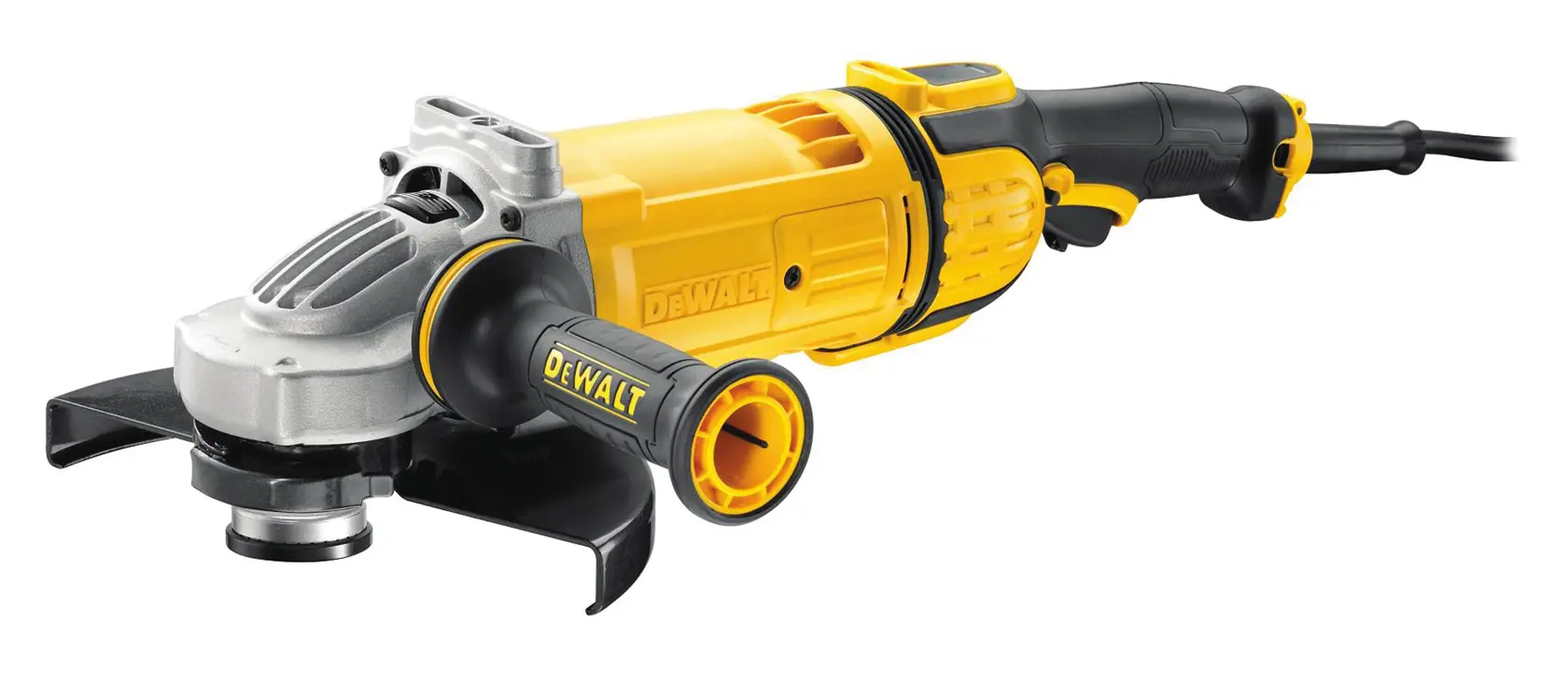 Une meuleuse angulaire électrique DEWALT jaune et noire avec une poignée latérale et un protecteur, modèle DWE4579, présentée sur fond blanc.