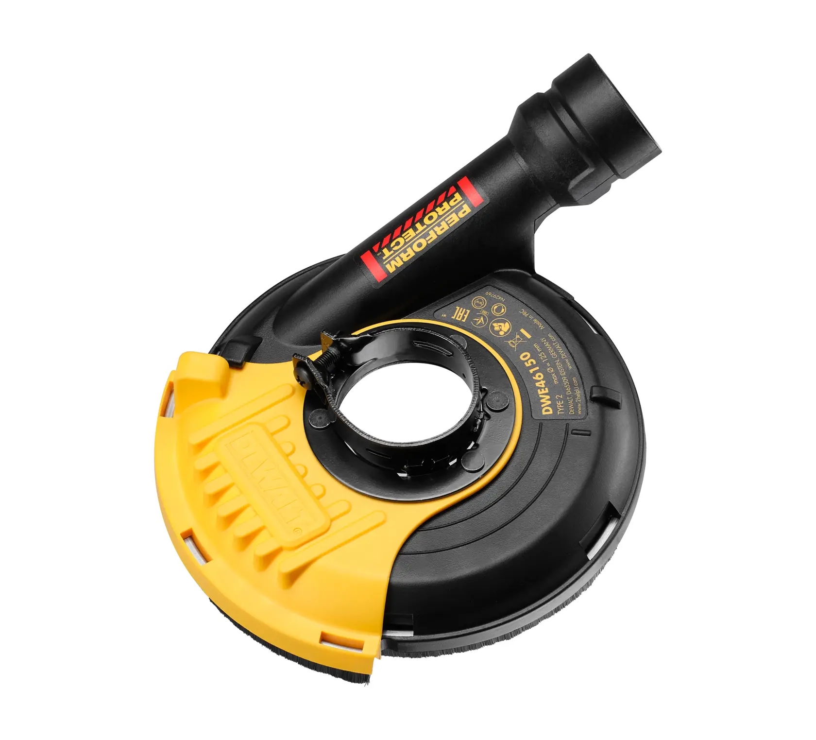 Un accessoire de protection contre la poussière DEWALT DWE46150 pour meuleuse d’angle, fabriqué en plastique noir et jaune avec des étiquettes et une ouverture circulaire pour l'installation sur l’outil.