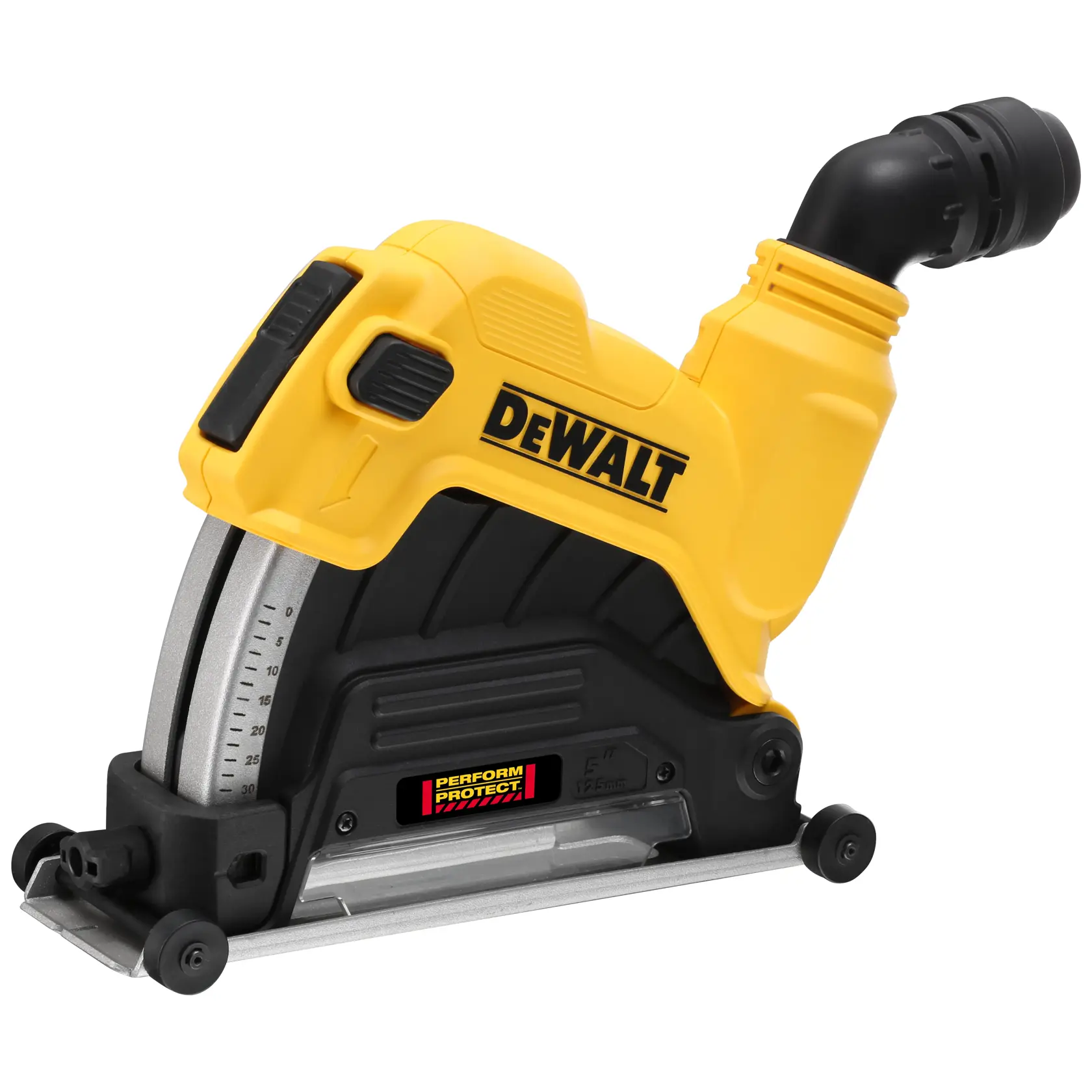 Un outil électrique de marque DEWALT, spécifiquement un capot d’aspiration pour meuleuse angulaire, de couleur jaune et noire, portant la mention 'Perform Protect'.