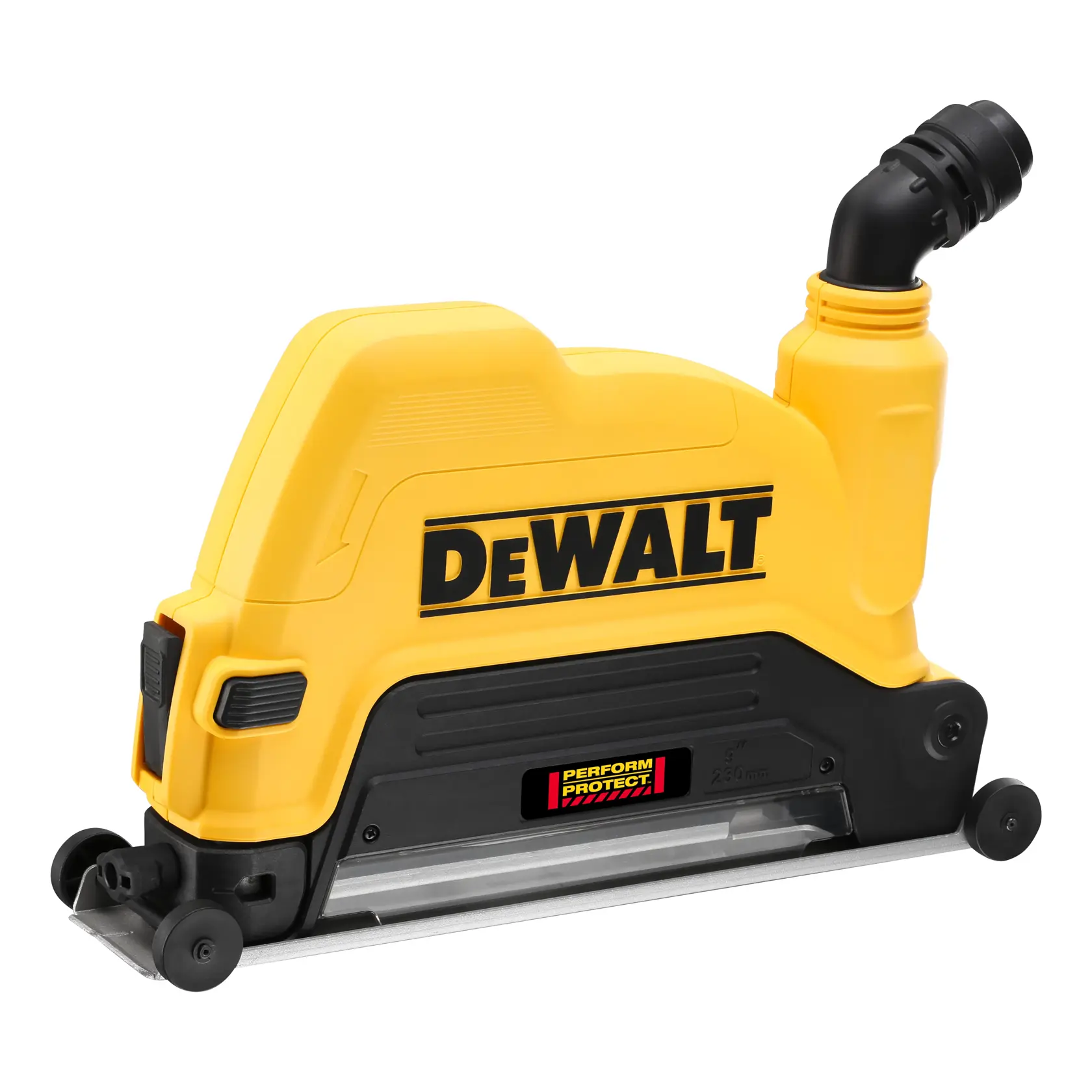 Capot anti-poussière DEWALT jaune avec embout de tuyau noir pour outils de coupe, sur fond blanc.