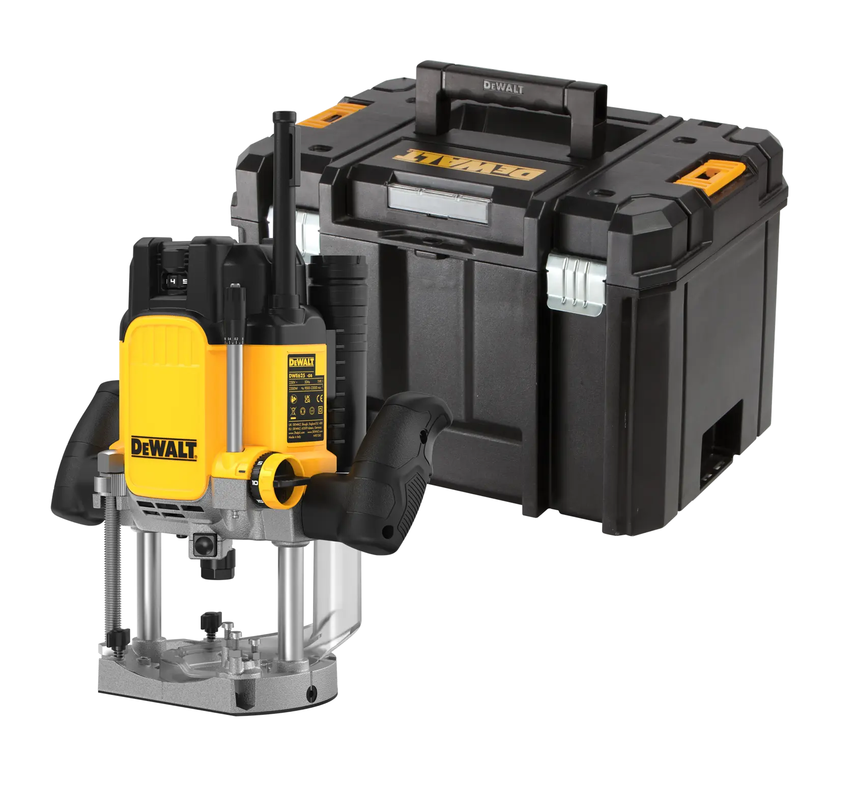 Défonceuse DEWALT avec coffret noir et jaune, adaptée au travail du bois et rangement.