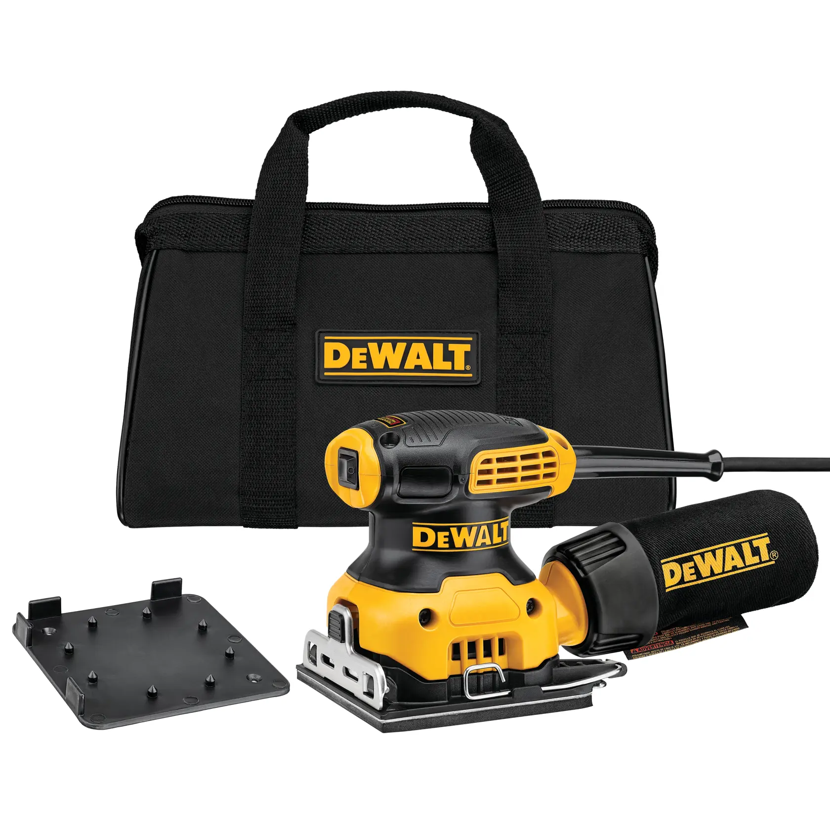 Kit de ponceuse électrique DEWALT comprenant une ponceuse jaune et noire, un sac à poussière, un tampon de ponçage supplémentaire et une mallette noire avec le logo DEWALT.