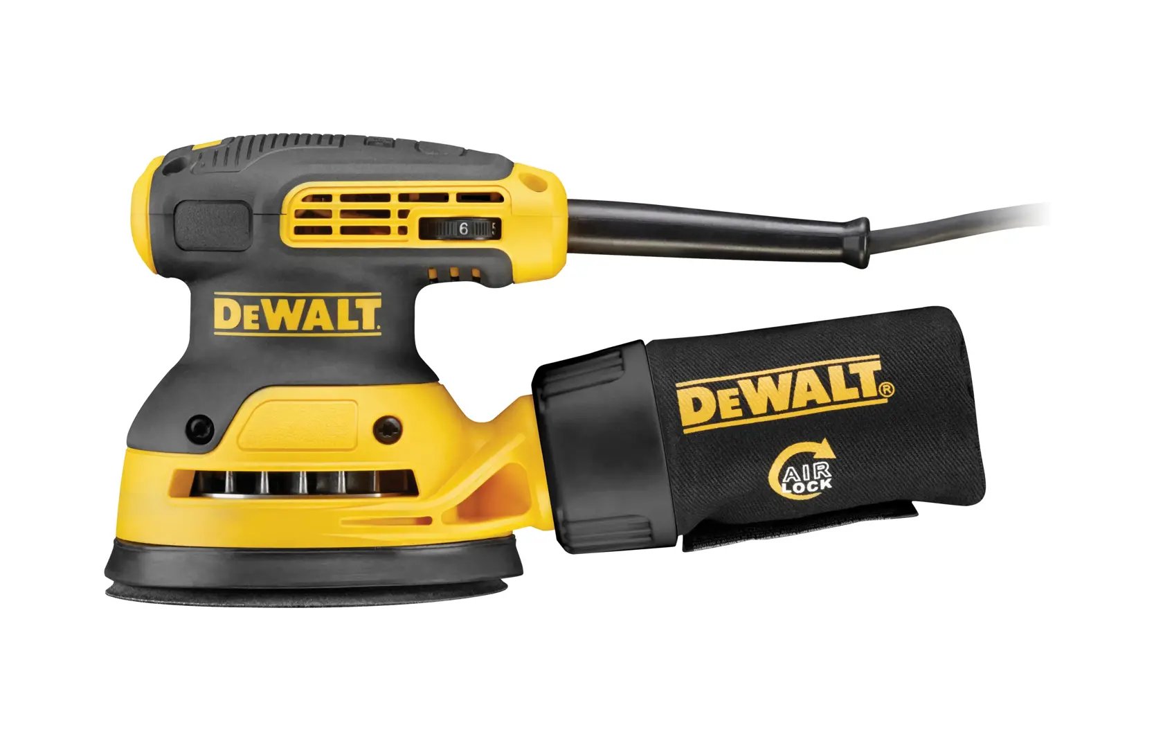 Photo de la ponceuse orbitale DEWALT DWE6423 jaune et noire avec sac à poussière, vue latérale fond blanc.