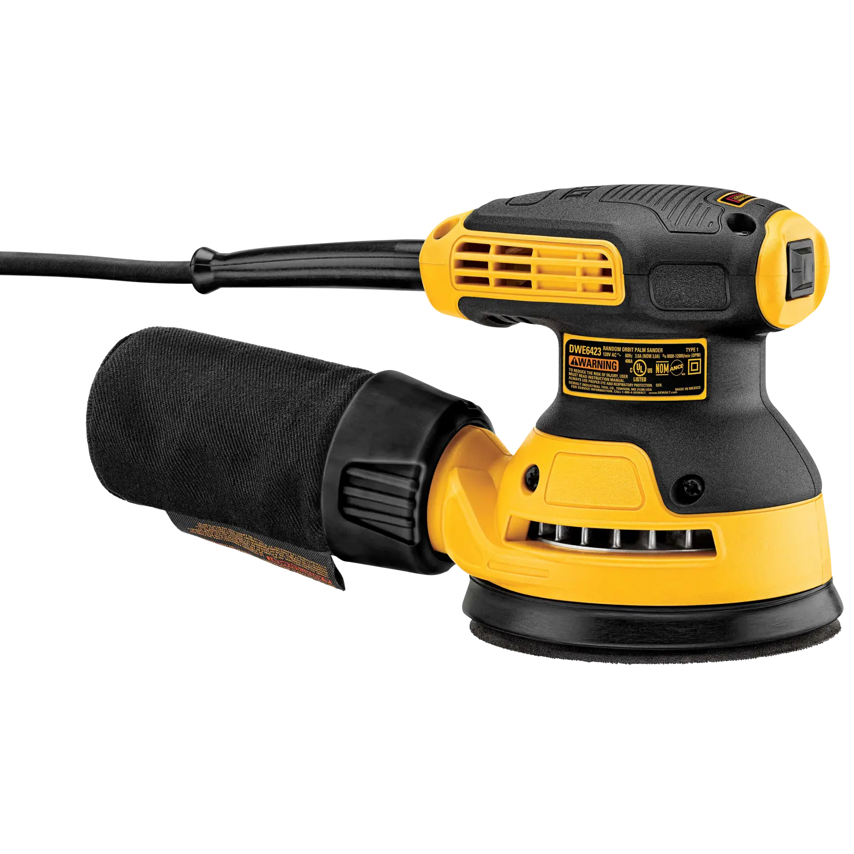 Gros plan sur une ponceuse orbitale aléatoire DEWALT avec un patin de ponçage noir et un sac à poussière, modèle DWE6423-QS.