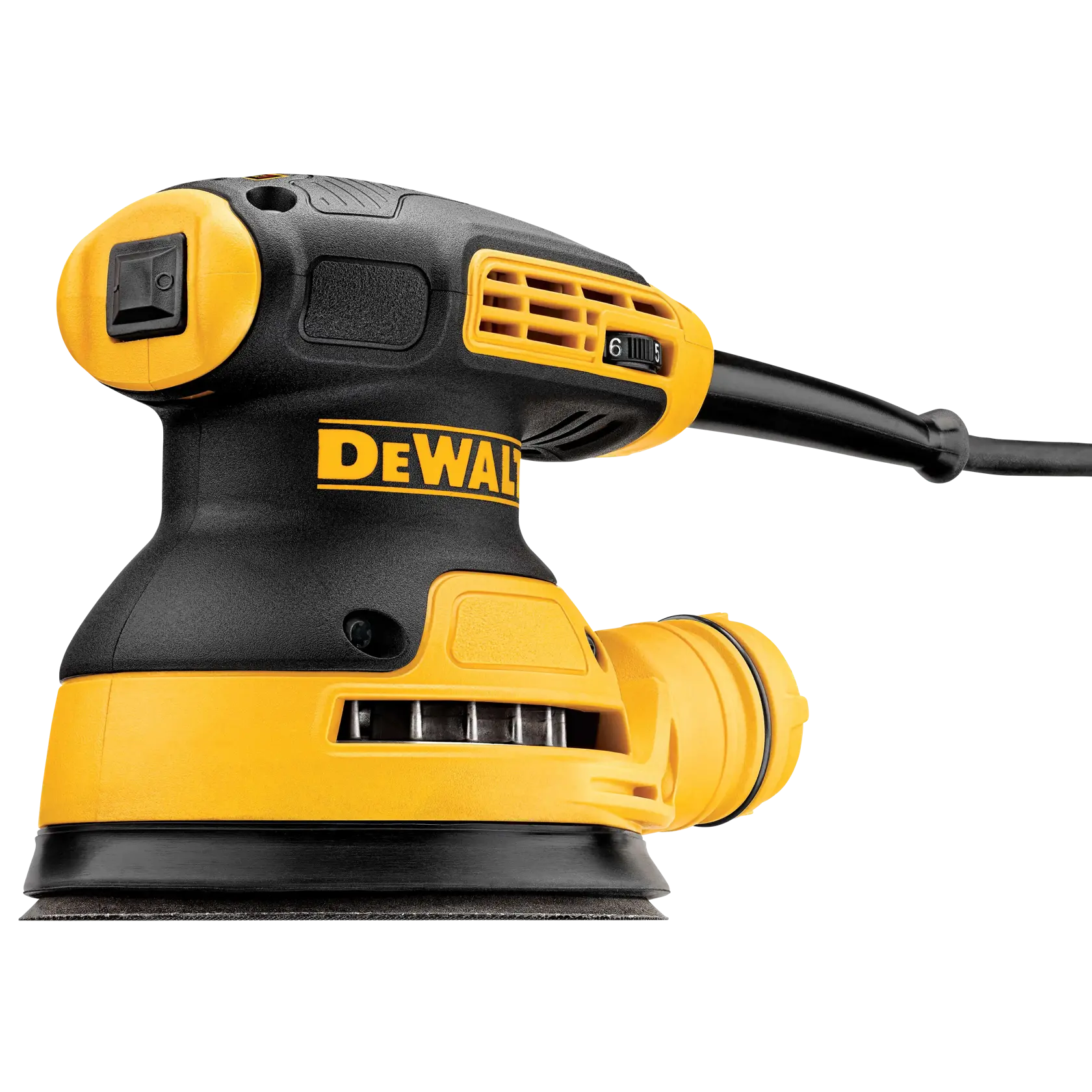 Une ponceuse orbitale DEWALT, modèle DWE6423, avec un corps jaune et noir, un cordon d'alimentation et une molette de réglage de la vitesse. L'outil est conçu pour poncer des surfaces et est présenté sur un fond blanc.