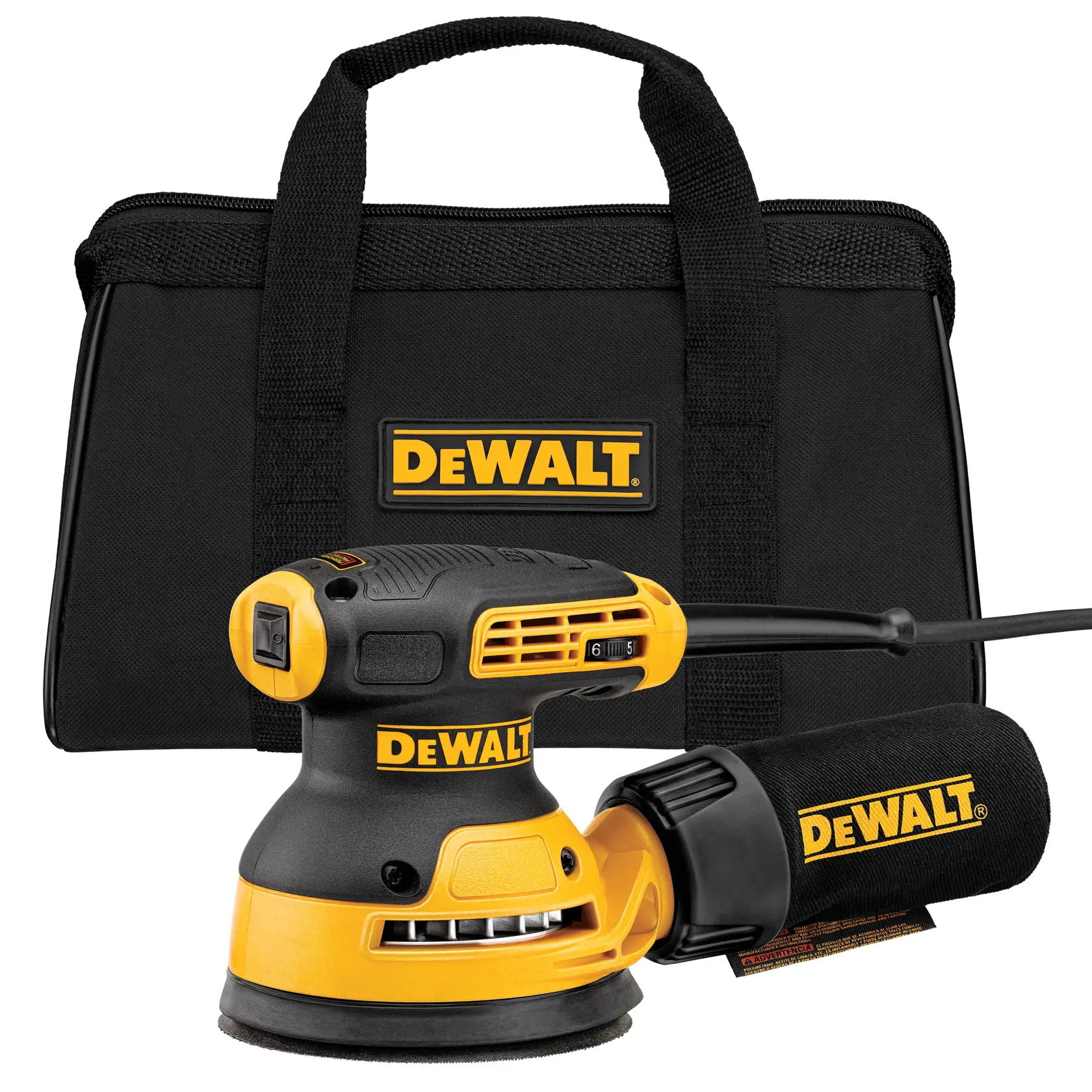 Une ponceuse électrique de marque DEWALT avec un sac de collecte de poussière et une valise de transport noire, tous arborant le logo DEWALT.