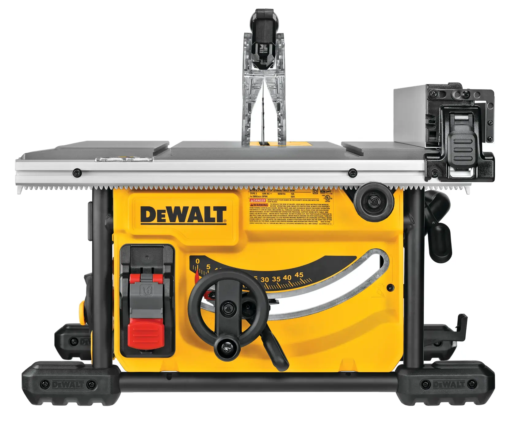 Vue de face d'une scie sur table DEWALT, modèle DWE7485WS, avec une base jaune, des boutons de réglage, un interrupteur marche/arrêt, et une surface de coupe argentée avec un protège-lame. Le logo de la marque est visible sur le devant.
