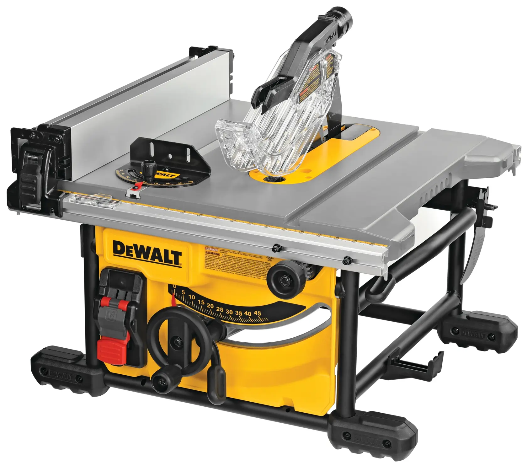 Une scie à table DEWALT avec une base jaune et noire, munie d’un protège-lame, de boutons de réglage et de pieds en métal. La surface de la table est grise avec des guides de mesure et des accessoires de guide.