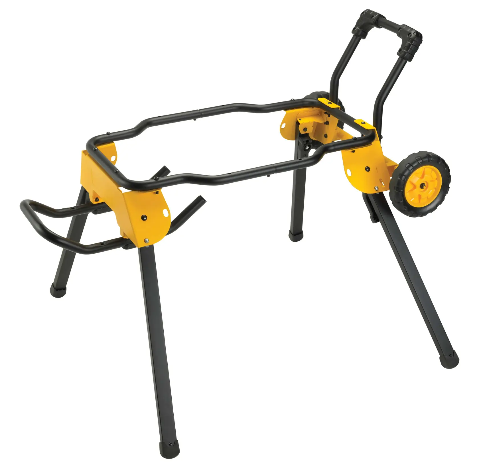 Un support de scie portable DEWALT avec une structure jaune et noire, équipé de roues et de pieds pliables, conçu pour soutenir des scies à table.