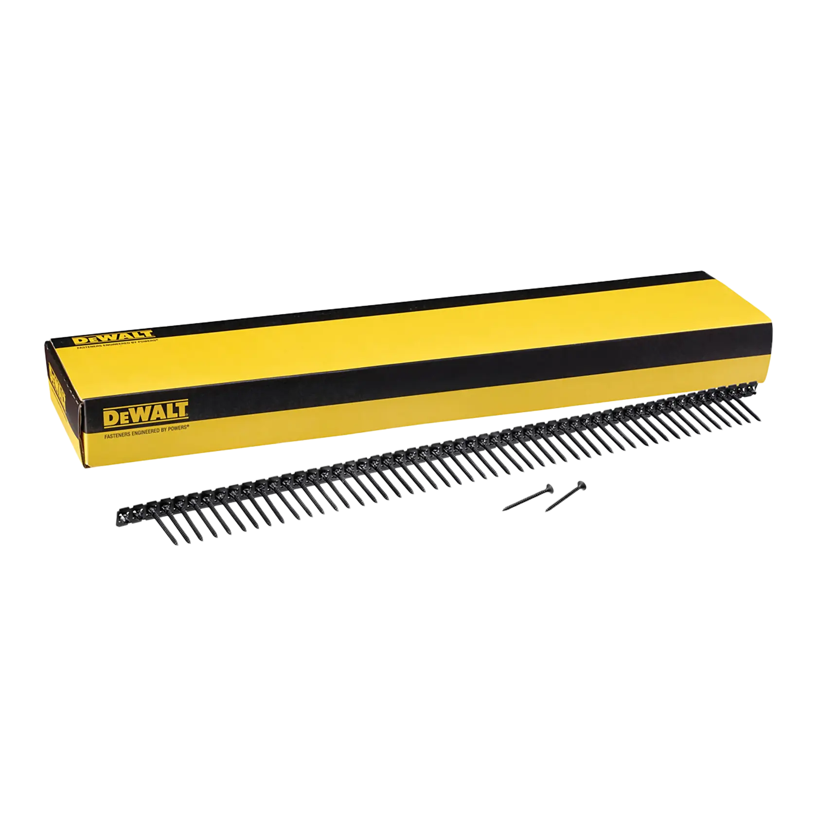 Boîte jaune DEWALT avec des clous collés pour outils électriques, bande et deux clous séparés.
