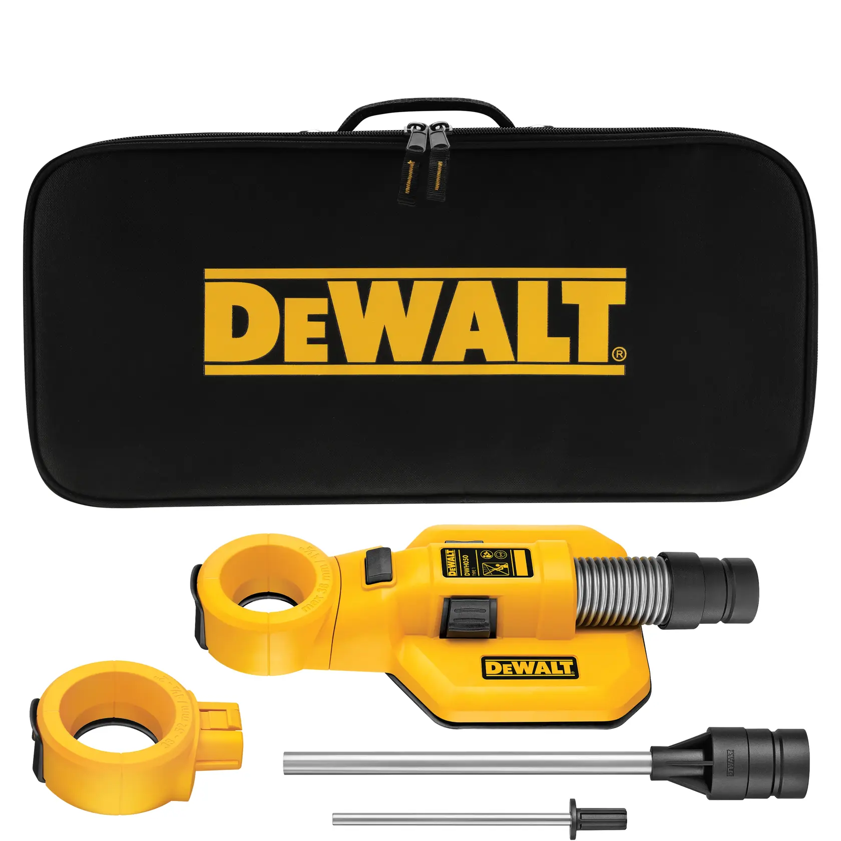 Kit d'accessoires pour la collecte de poussière DEWALT comprenant une mallette de transport noire avec logo DEWALT jaune, un accessoire de collecte de poussière jaune, des anneaux supplémentaires, des tiges de connexion et une buse.