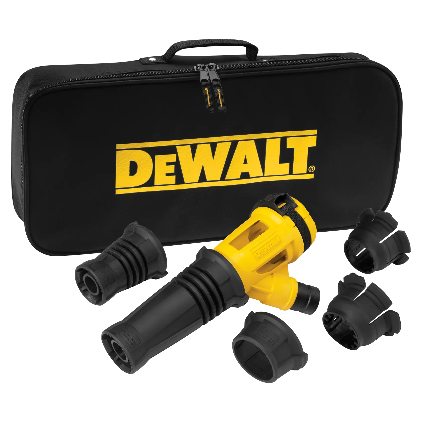 Kit accessoire extracteur de poussière DEWALT avec étui noir et plusieurs embouts noirs et jaunes.