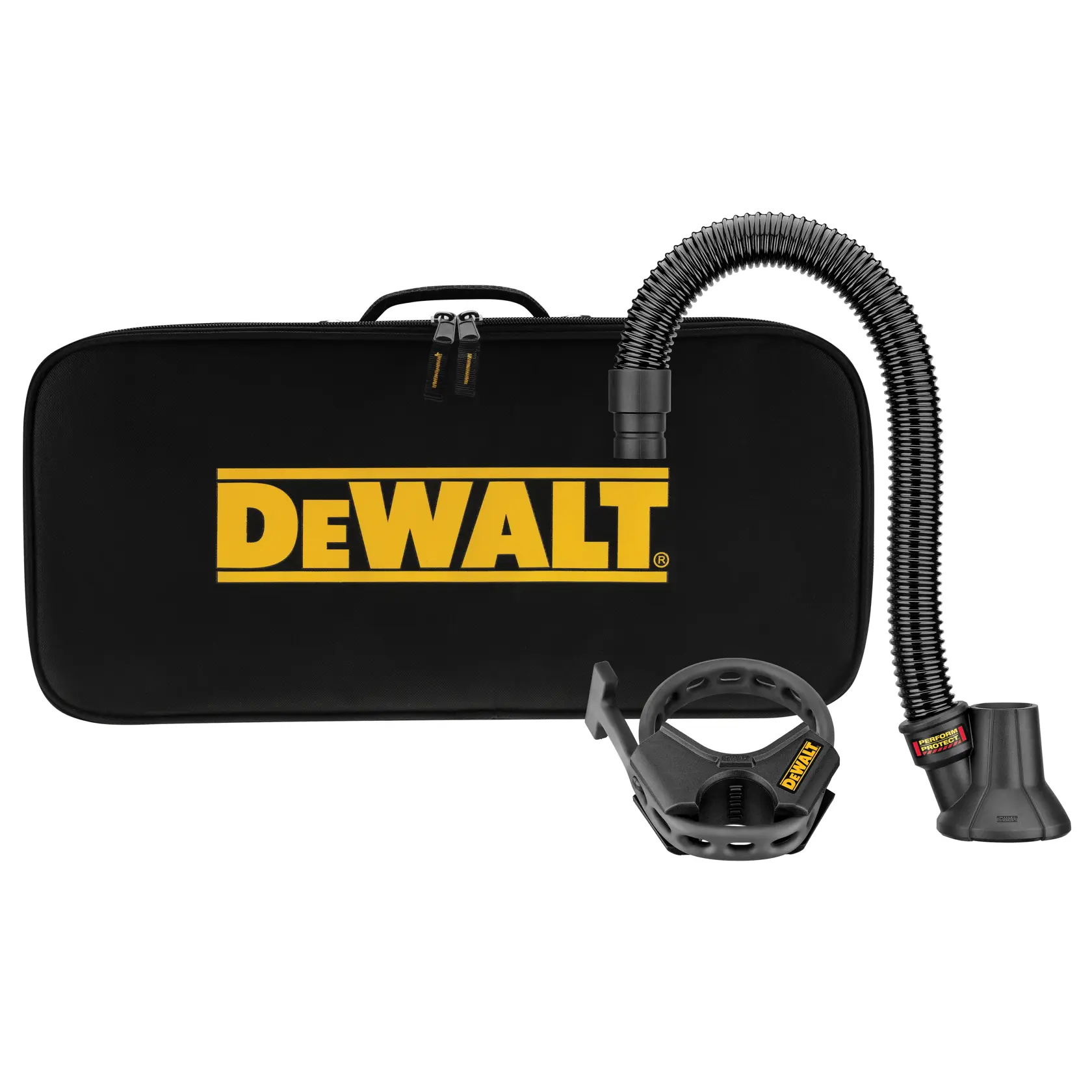Kit d'accessoires d'extraction de poussière DEWALT avec un tuyau flexible, une buse, un accessoire circulaire et une mallette de transport noire avec le logo jaune DEWALT.
