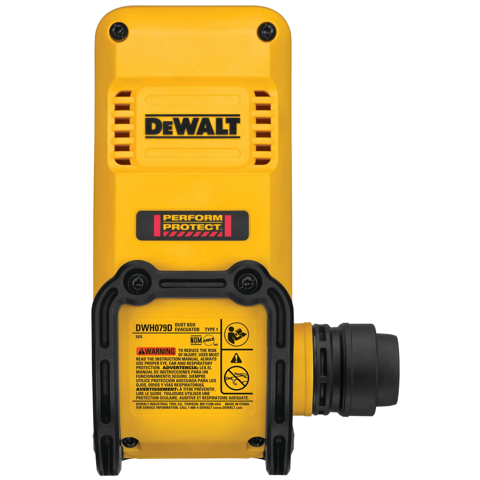 Vue de face d'un évacuateur de boîte à poussière DEWALT DWH079D, un accessoire de photographie avec un corps jaune, des accents noirs et des étiquettes d'avertissement.