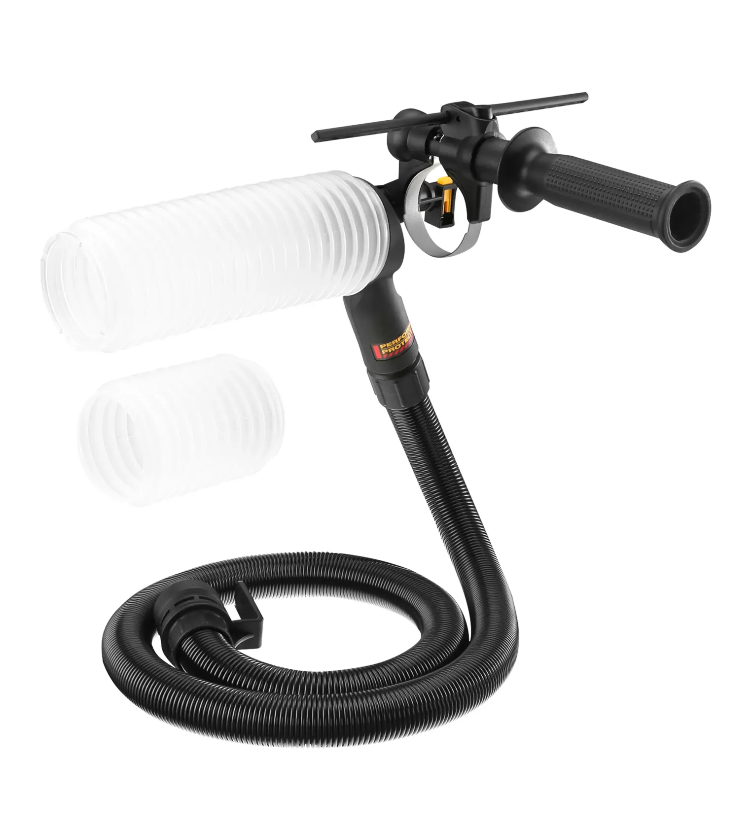 Accessoire d'extraction de poussière DEWALT avec tuyau flexible et poignée pour contrôler les débris.