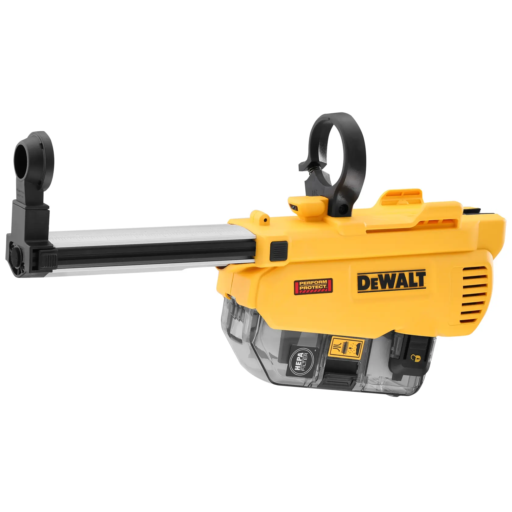 Accessoire extracteur de poussière jaune DEWALT avec chambre de collecte transparente et anneaux de fixation.
