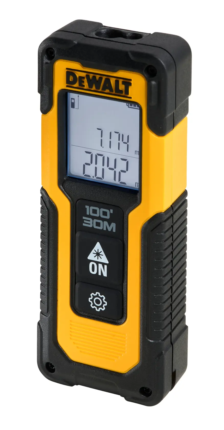 Télémètre laser DEWALT DWHT77100 jaune et noir avec écran et boutons, portée de 100 pieds/30 m.