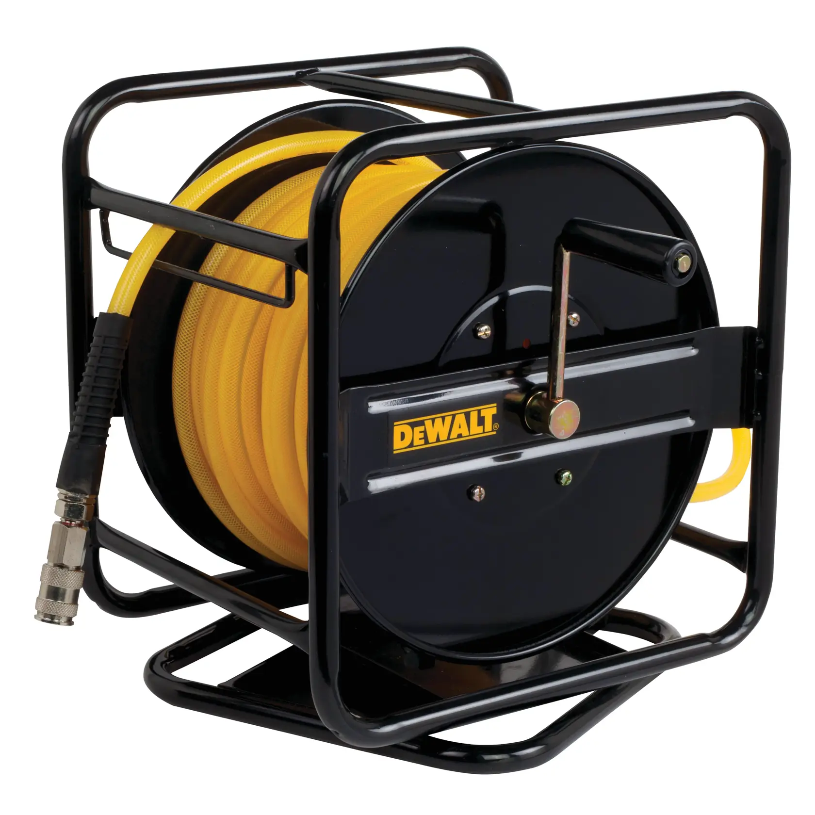 Enrouleur de tuyau DEWALT avec tuyau jaune, cadre en métal noir et manivelle pour un rangement facile.
