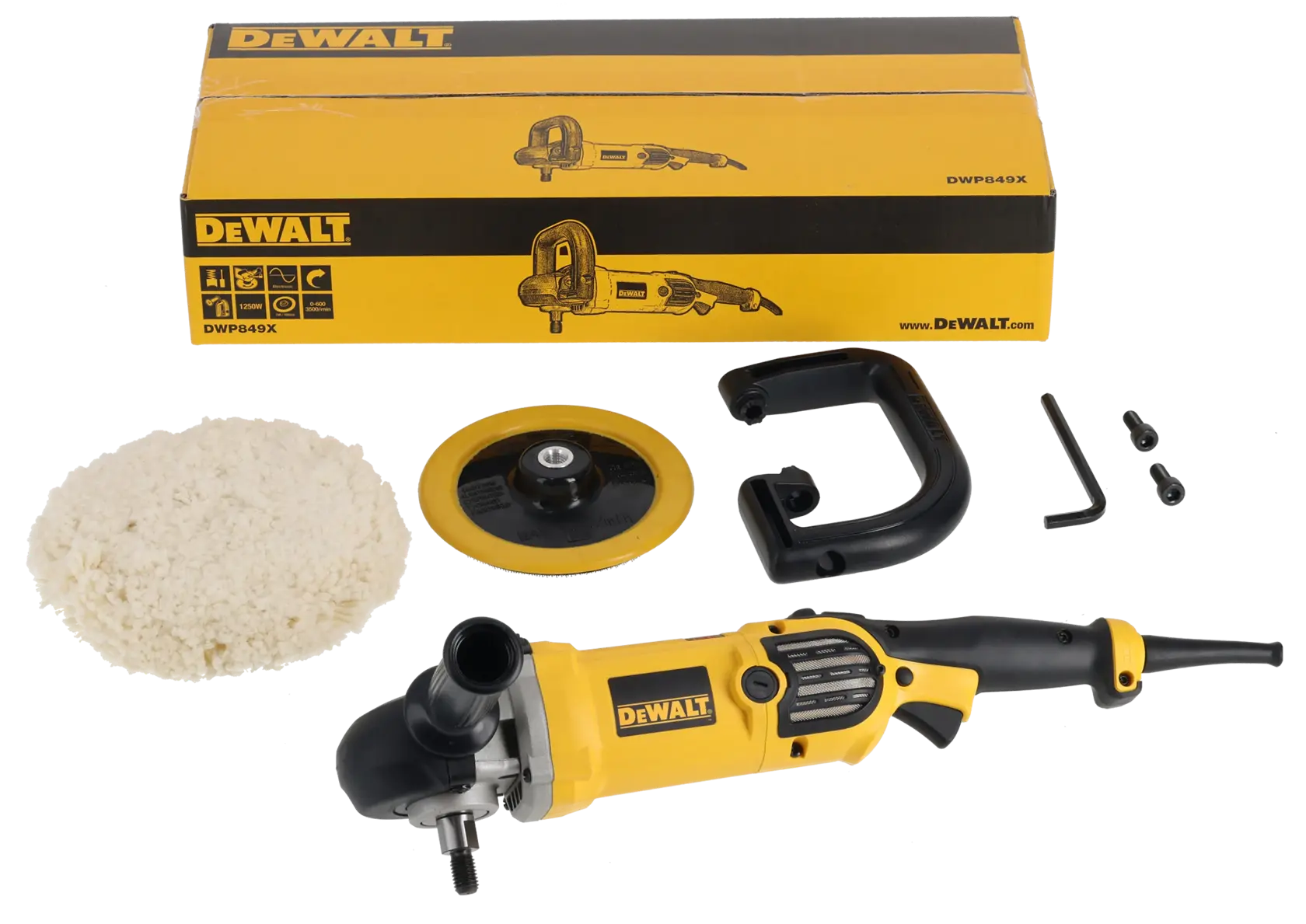 Kit polisseur DEWALT DWP849X présenté avec une boîte jaune et noire, une machine à polir, un tampon de lustrage en laine, une plaque de support, une poignée, une clé et deux vis.