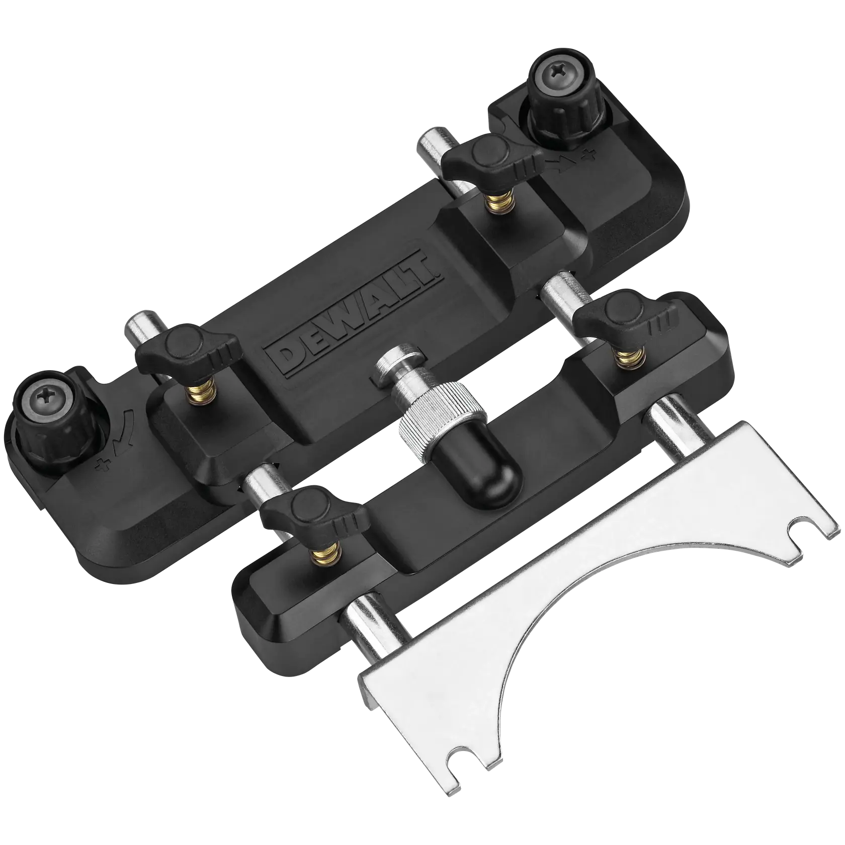 Accessoire de photographie DEWALT DWS5031, composé d'un ensemble de guides en plastique noir et métal avec des boutons de réglage et un support métallique, conçu pour un positionnement précis sur des équipements photographiques compatibles.