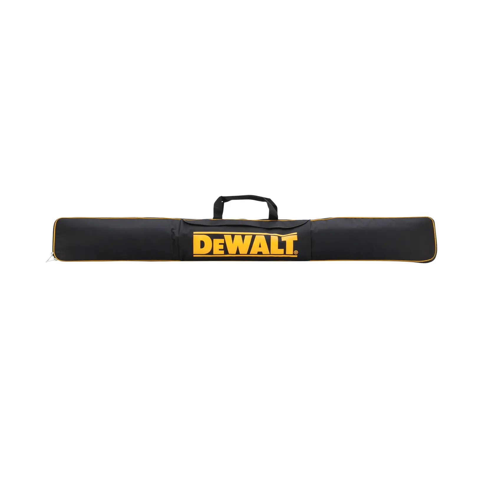 Sac de transport DEWALT noir avec poignée, conçu pour outils longs, avec bordure et logo jaunes.